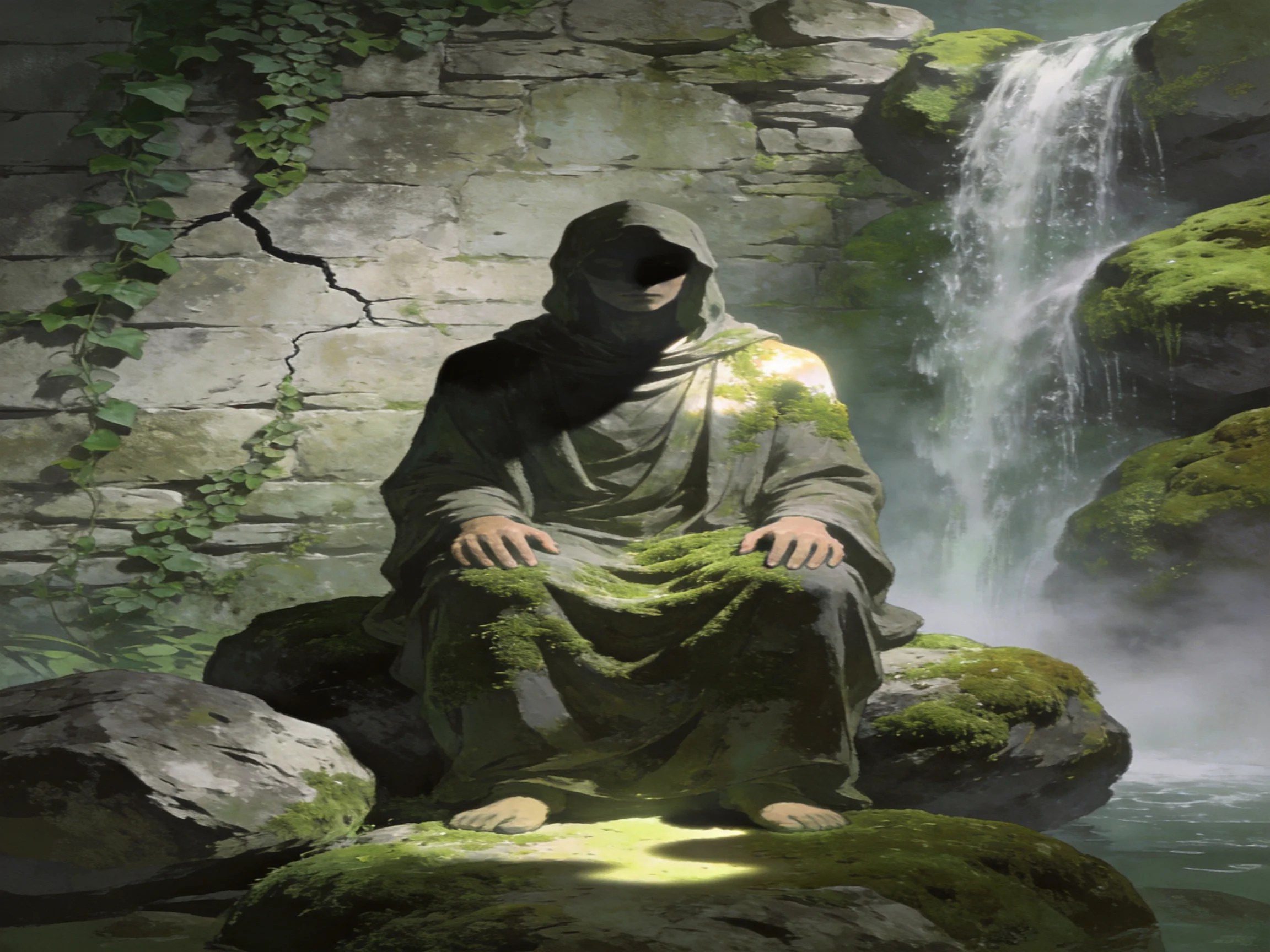 A hooded figure sits amid mossy rocks near a cascading waterfall
