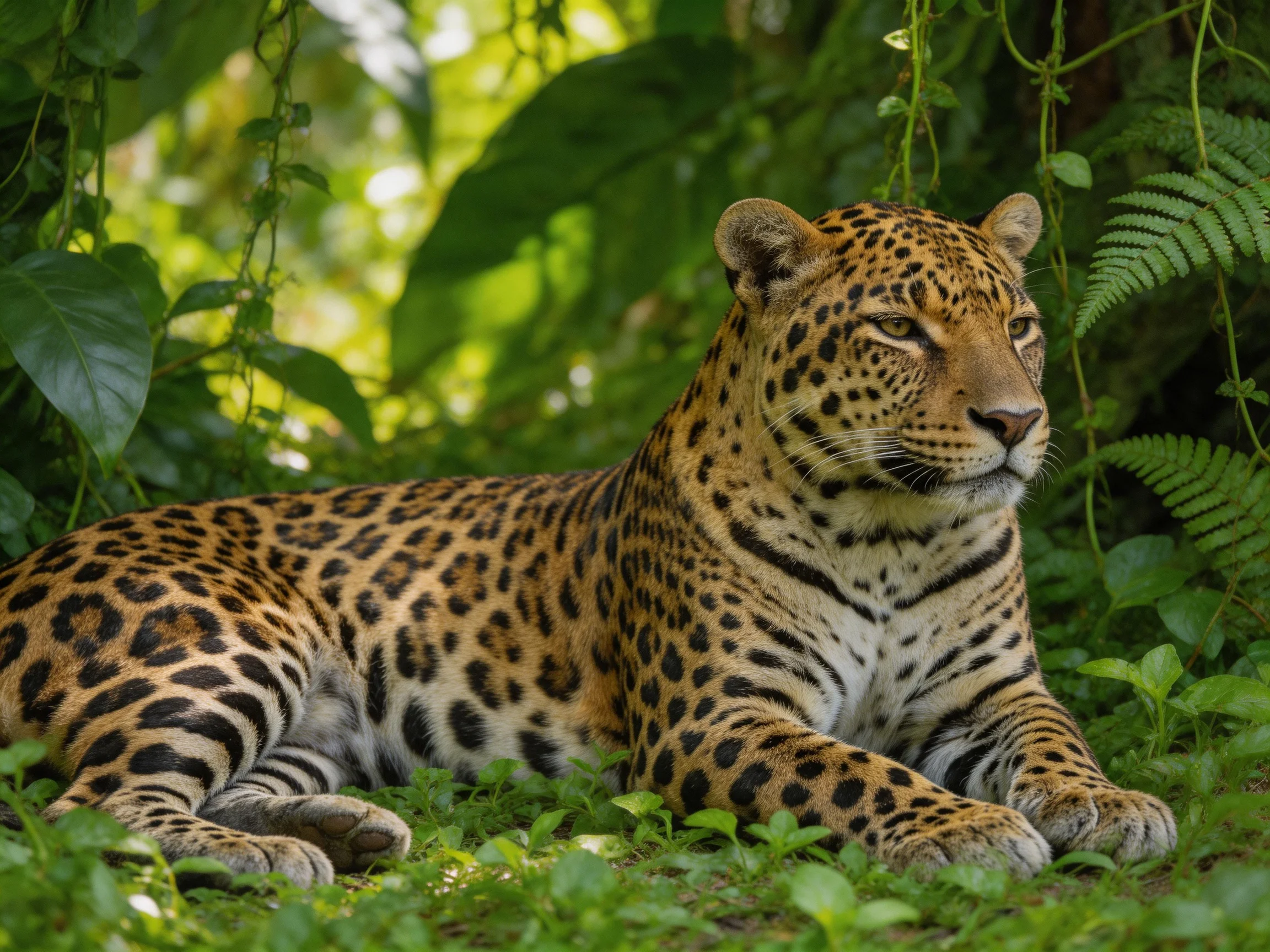 A jaguar rests amid dense green foliage in a sunlit clearing