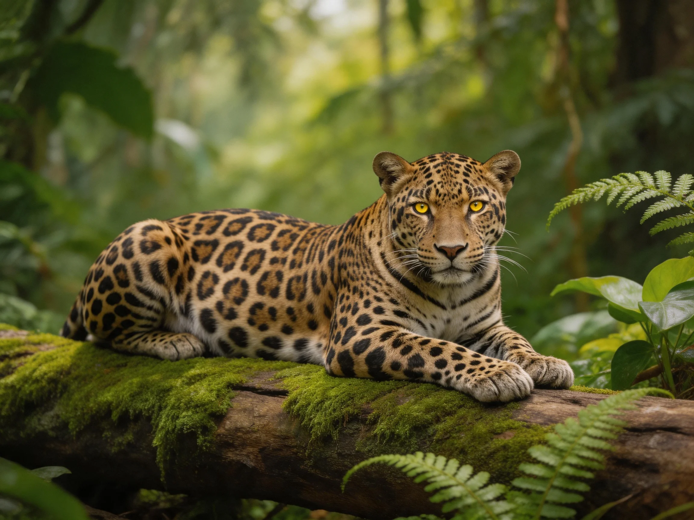 A jaguar rests on a moss-covered log in a lush forest