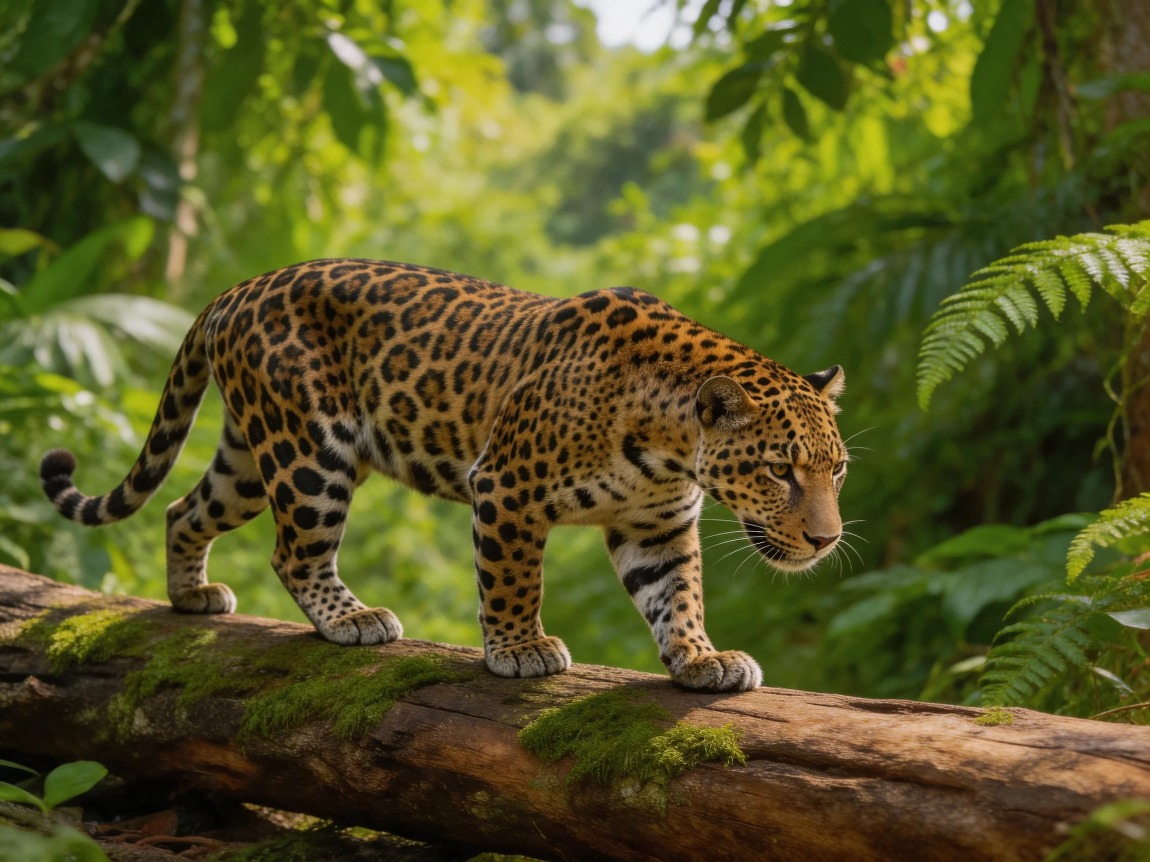 A jaguar with dark rosette spots walks on a moss-covered log in lush green surroundings.