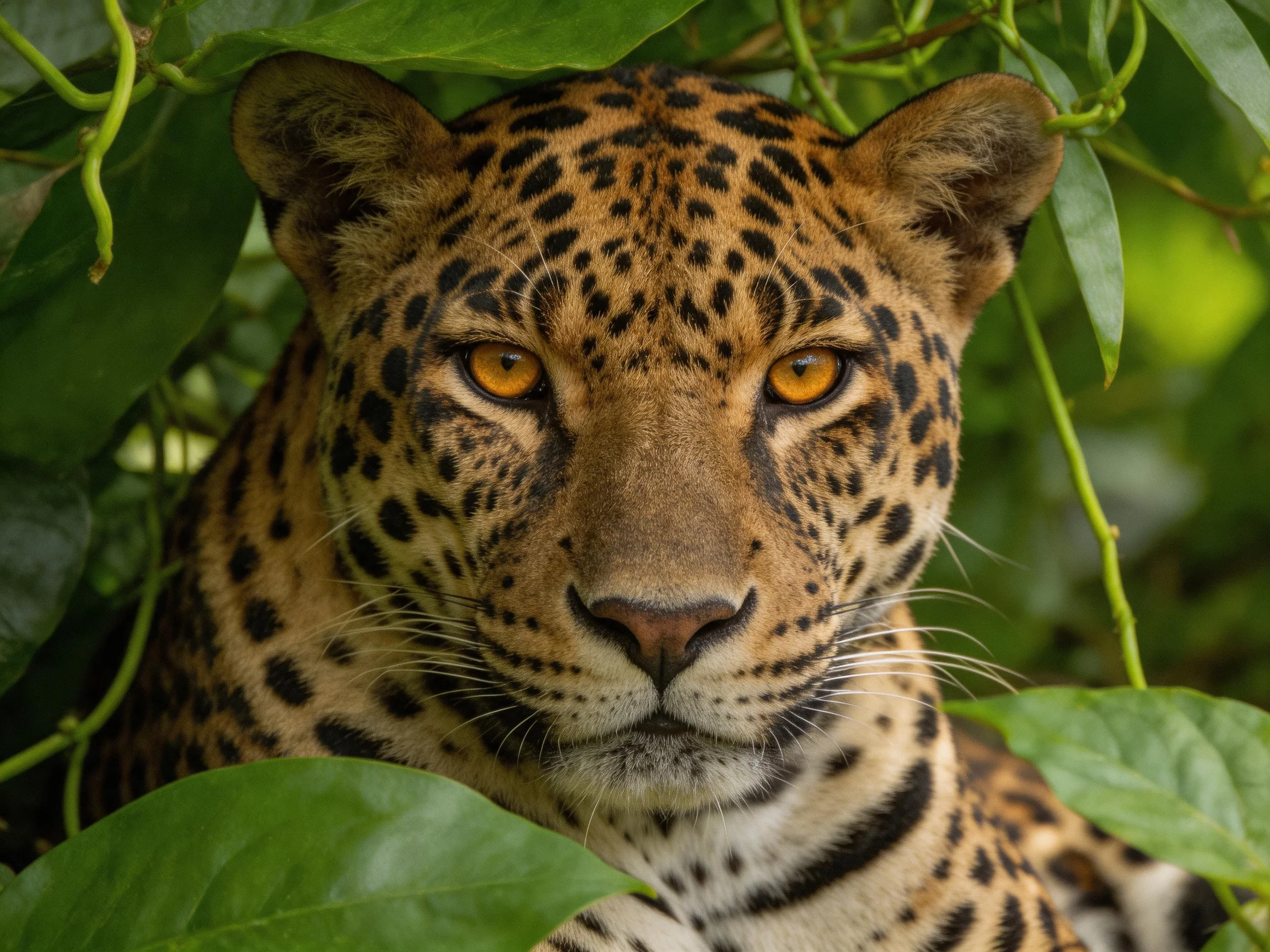 A jaguar with rosette patterns in lush greenery