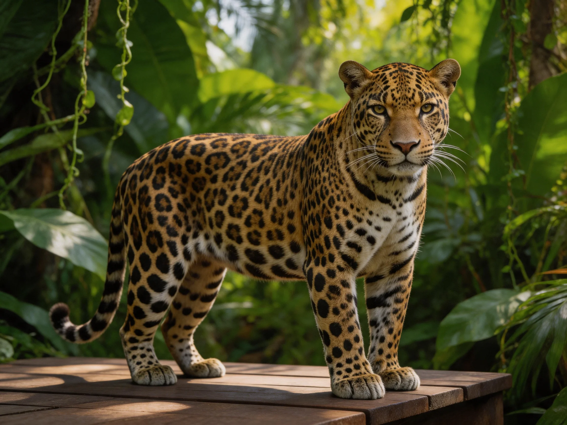 A jaguar with spotted fur stands on a wooden platform in a lush jungle