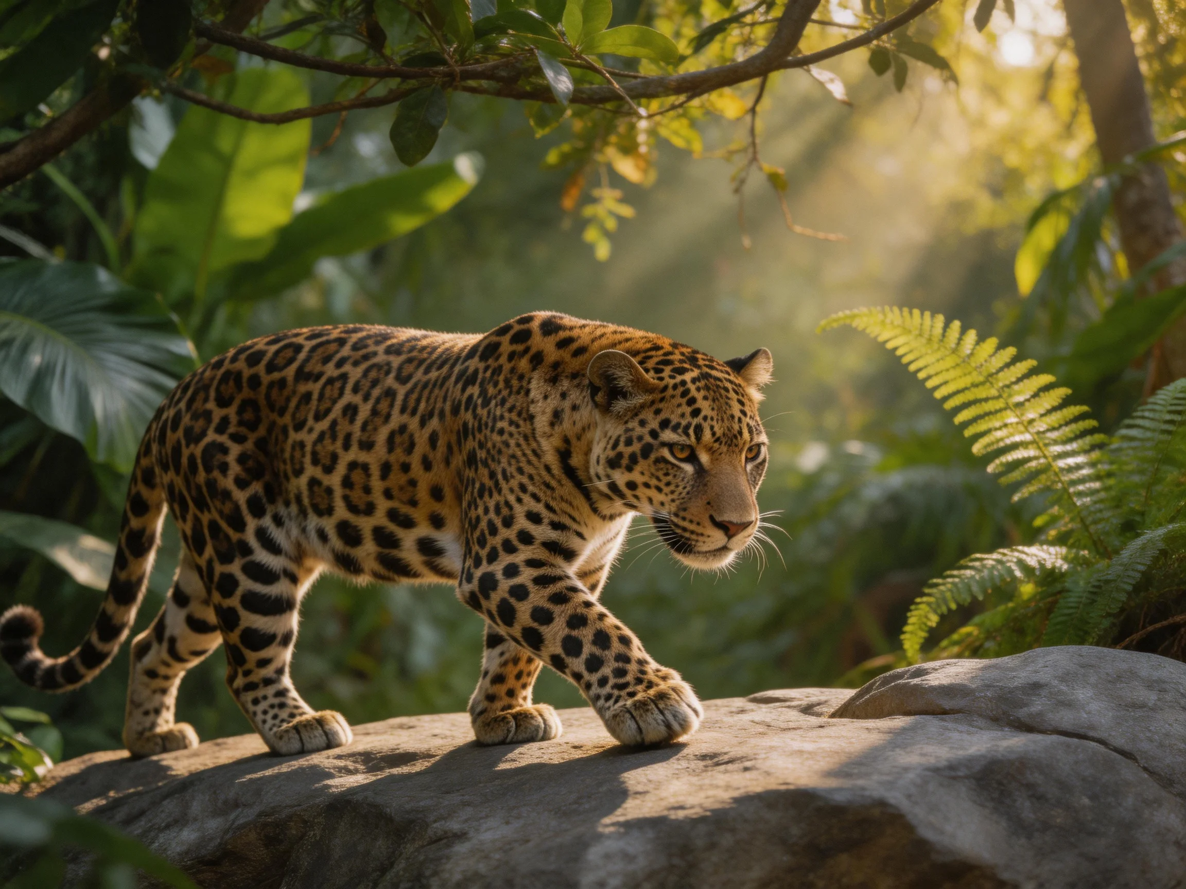 A jaguar with spotted fur walks on a rock in lush jungle surroundings