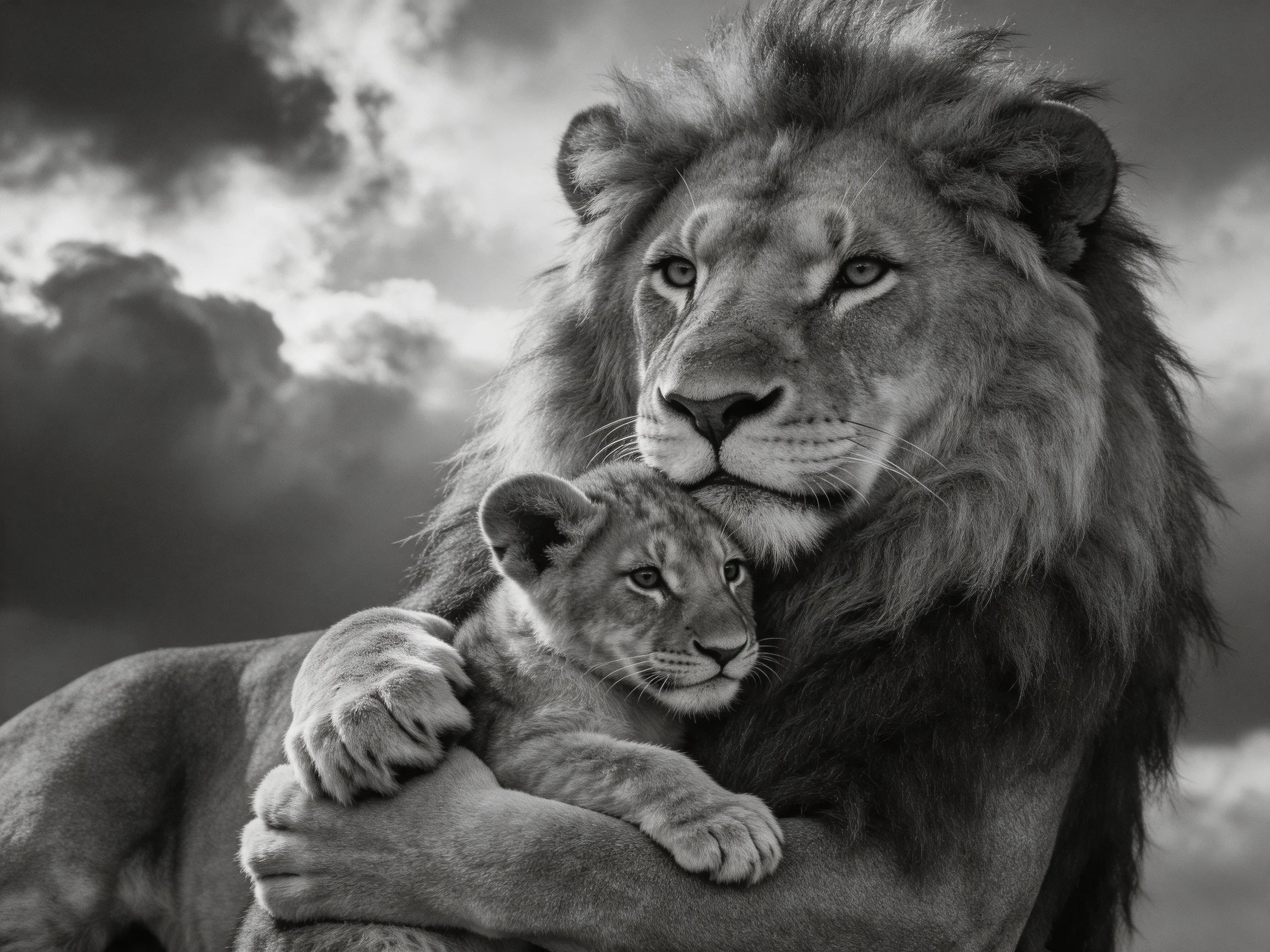 An adult lion tenderly holds a cub amid cloudy skies.
