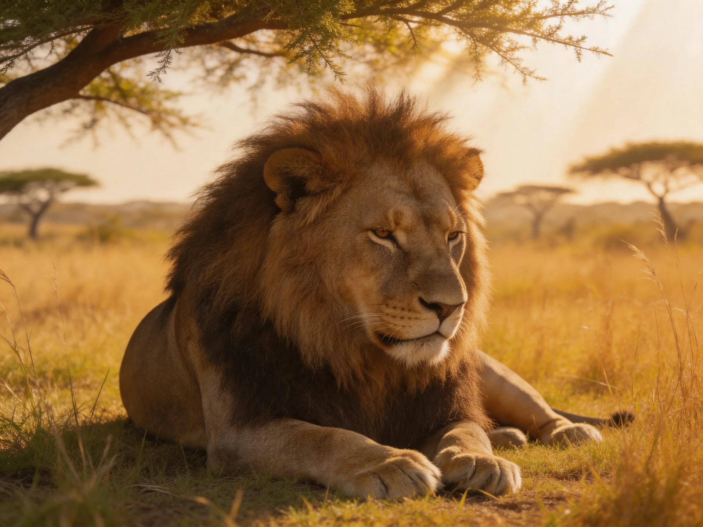 A large brown-maned lion rests in sunlit savannah grass near an acacia tree.