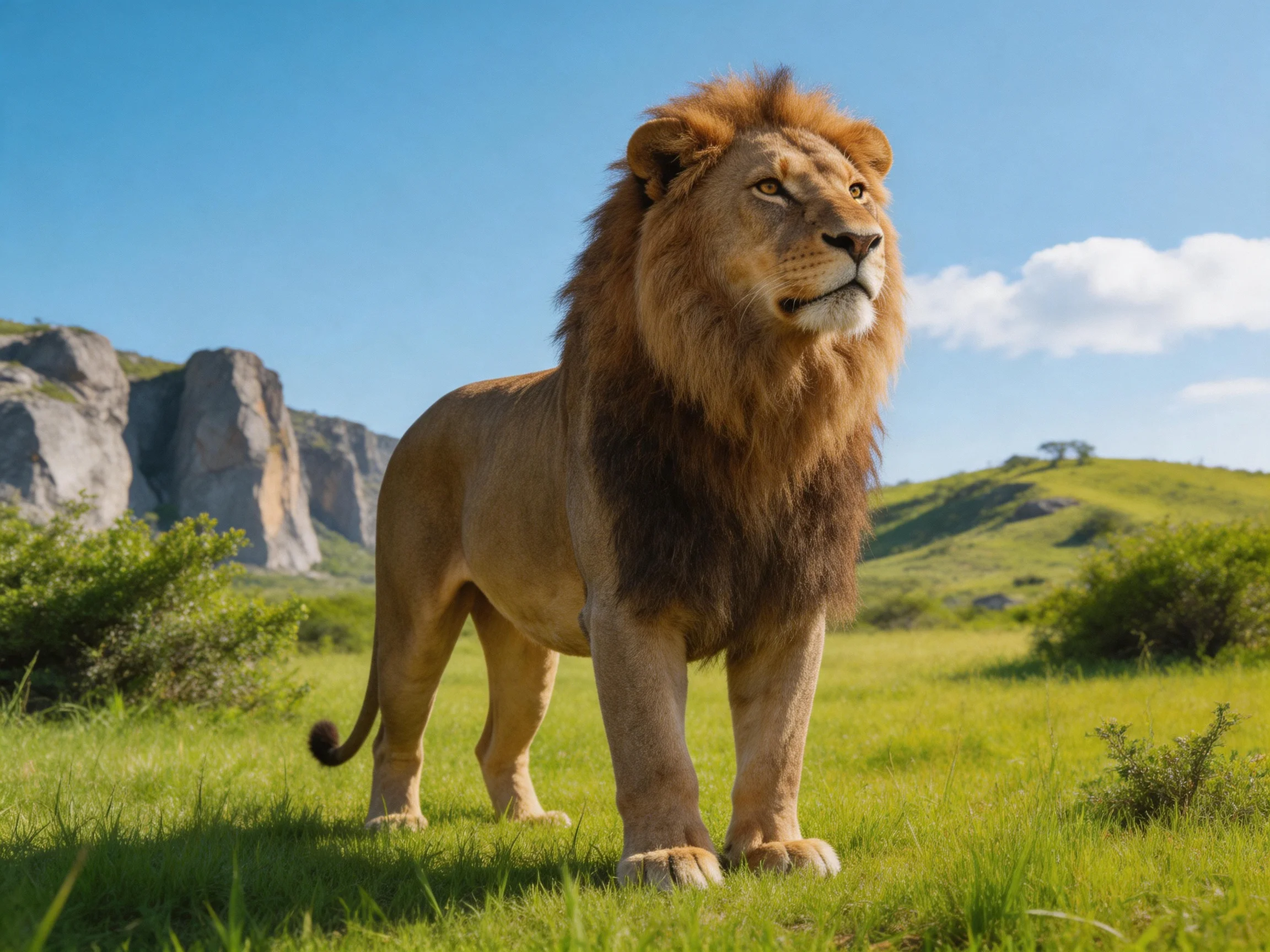 A large brown-maned lion stands in a sunny savannah landscape.