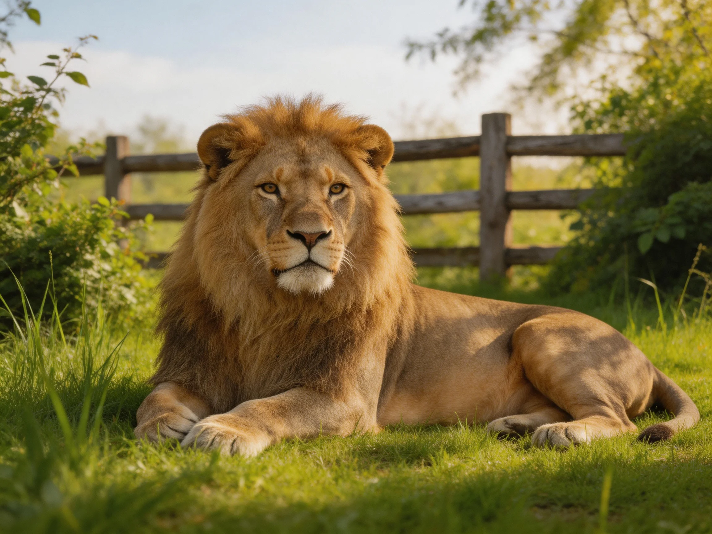 A lion rests on grass near a wooden fence.