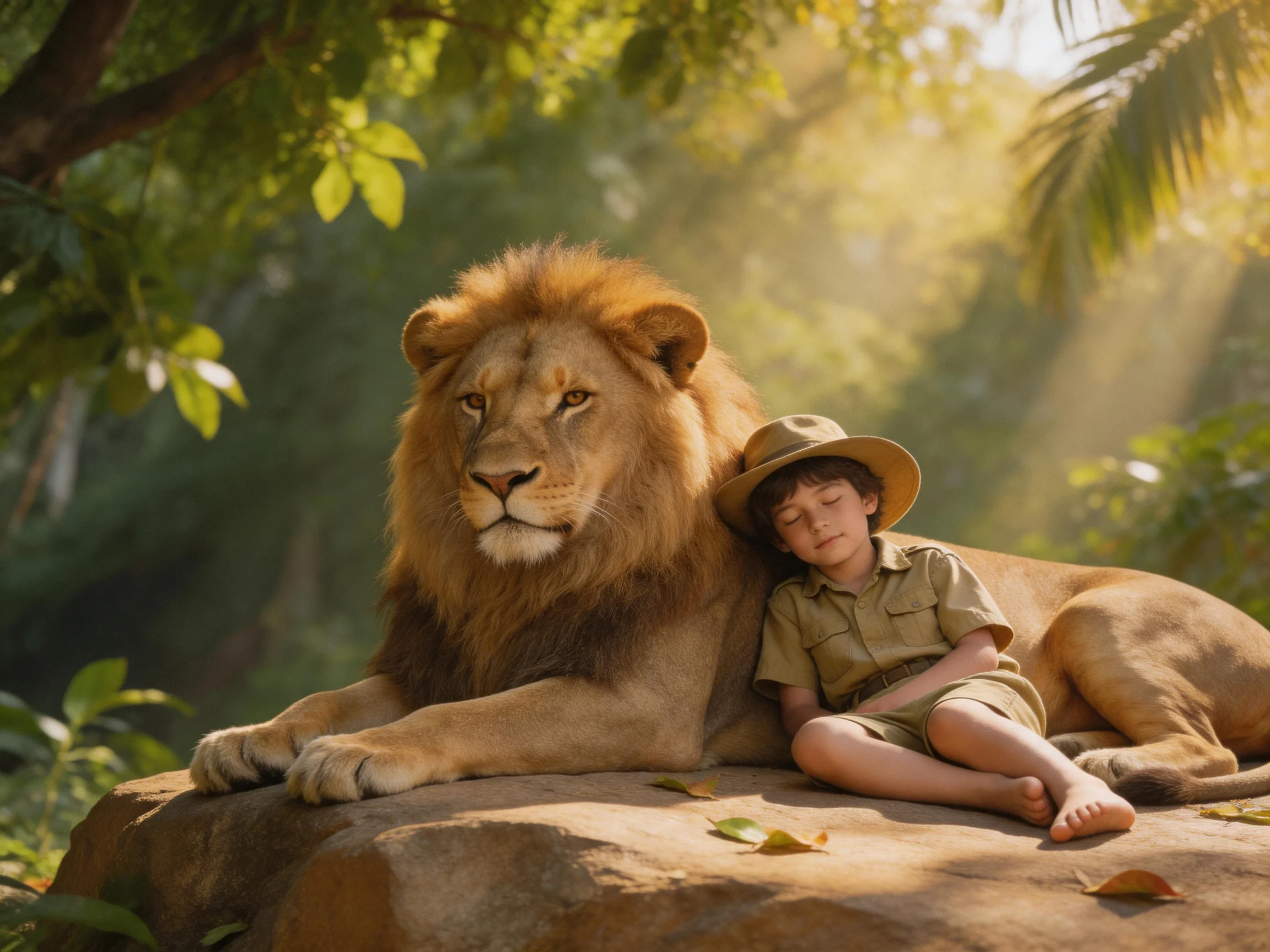 A large golden lion sits next to a sleeping child on a rock in a lush jungle.