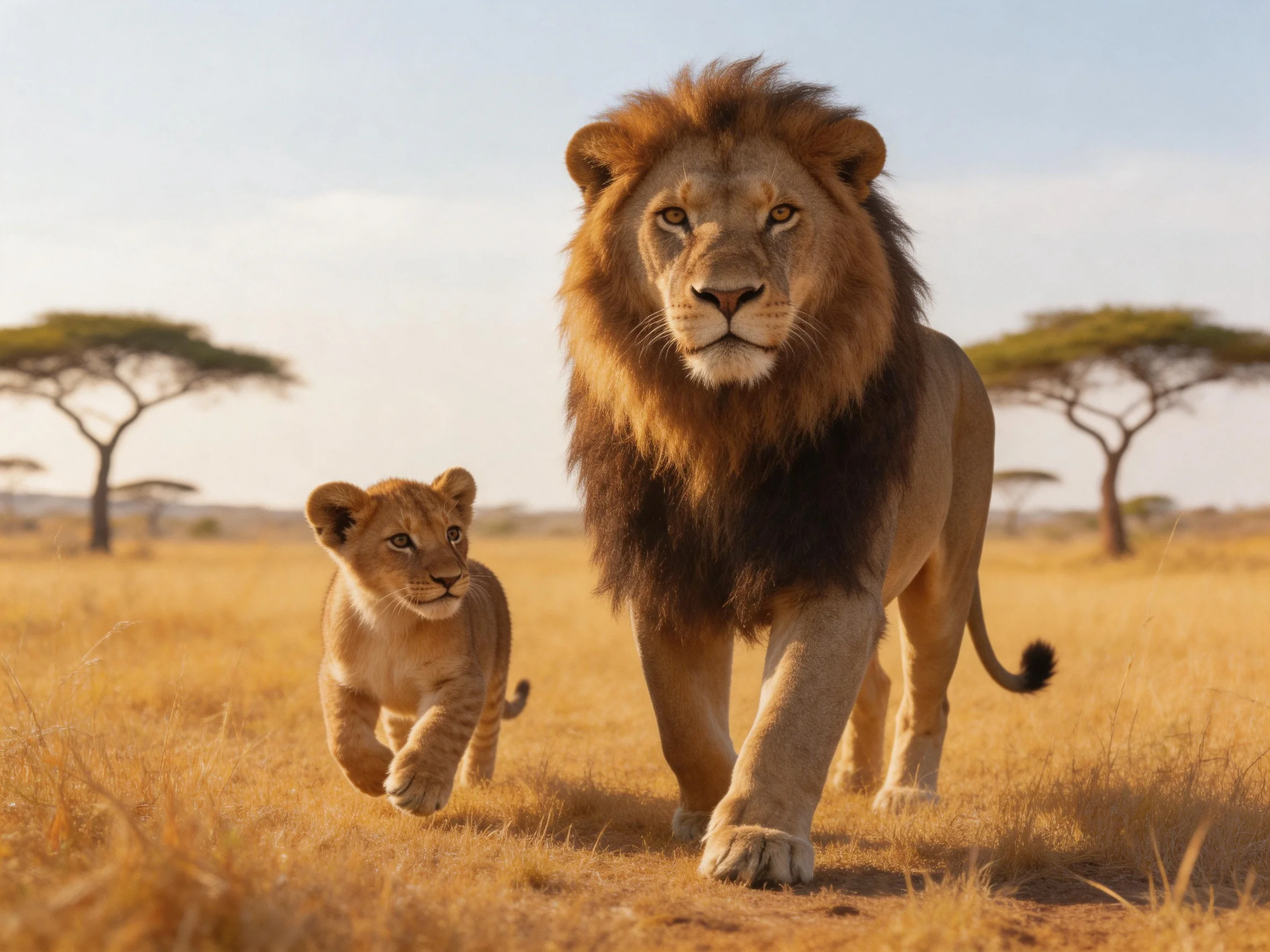 A large lion and a cub walk together in a golden savannah landscape.