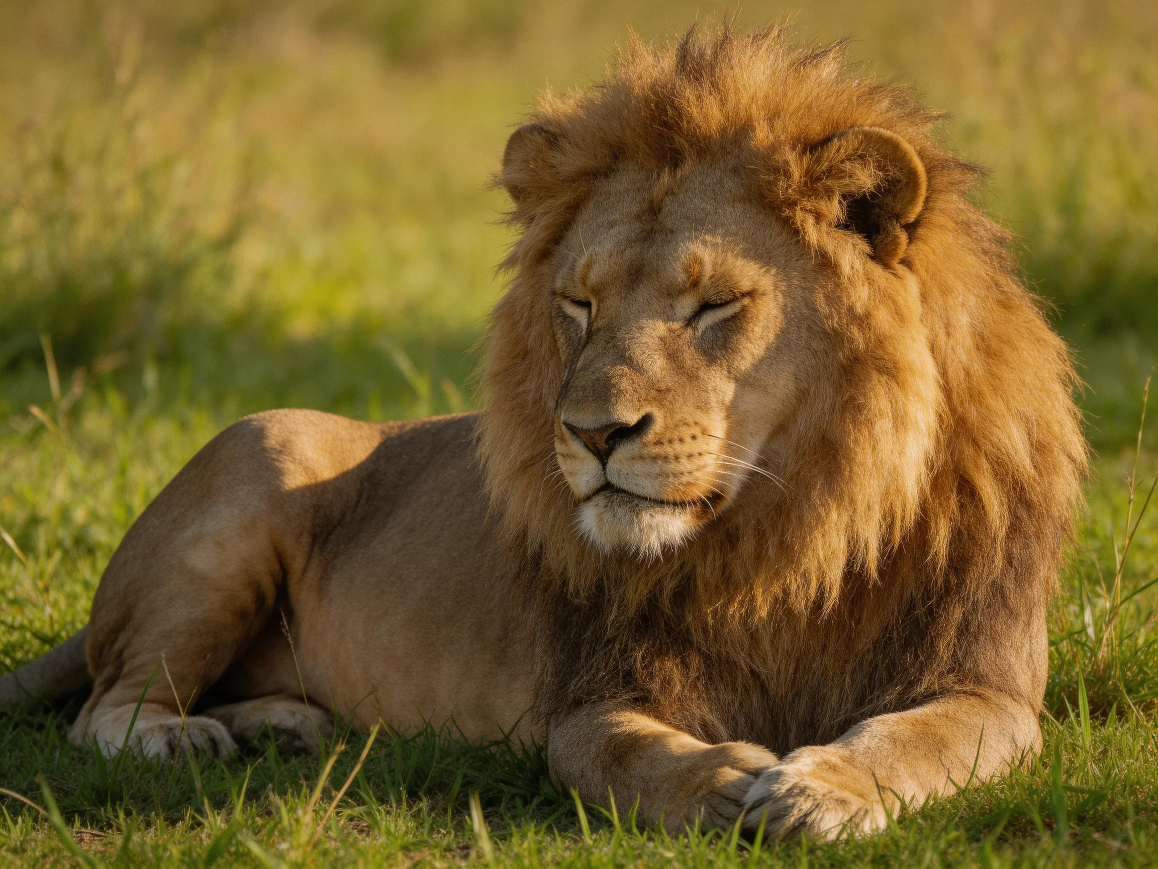 A large male lion relaxes on sunlit grass.
