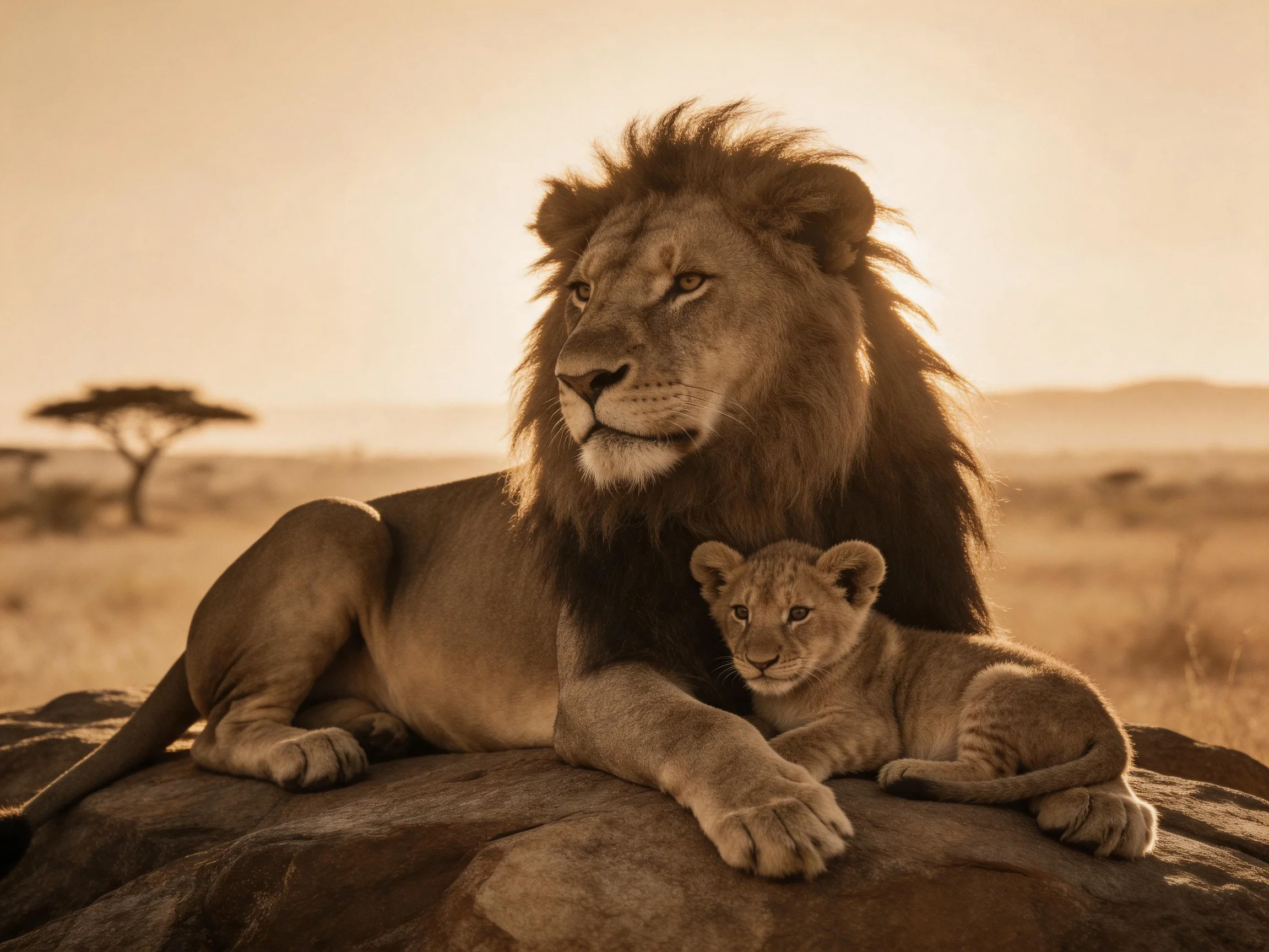 A large male lion and a cub rest together on a rock in the savannah.