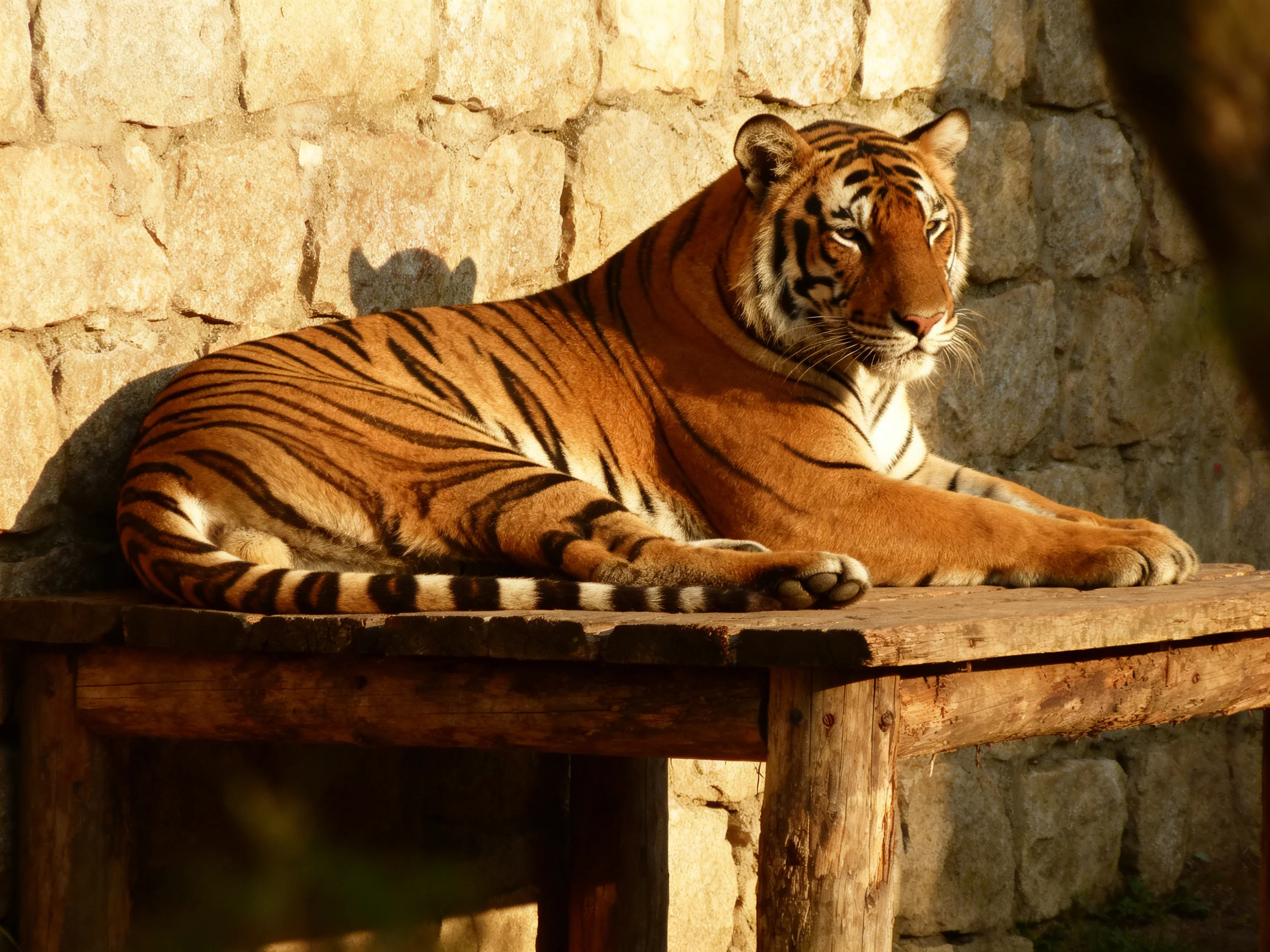 A large orange tiger rests on a weathered wooden platform beside a stone wall