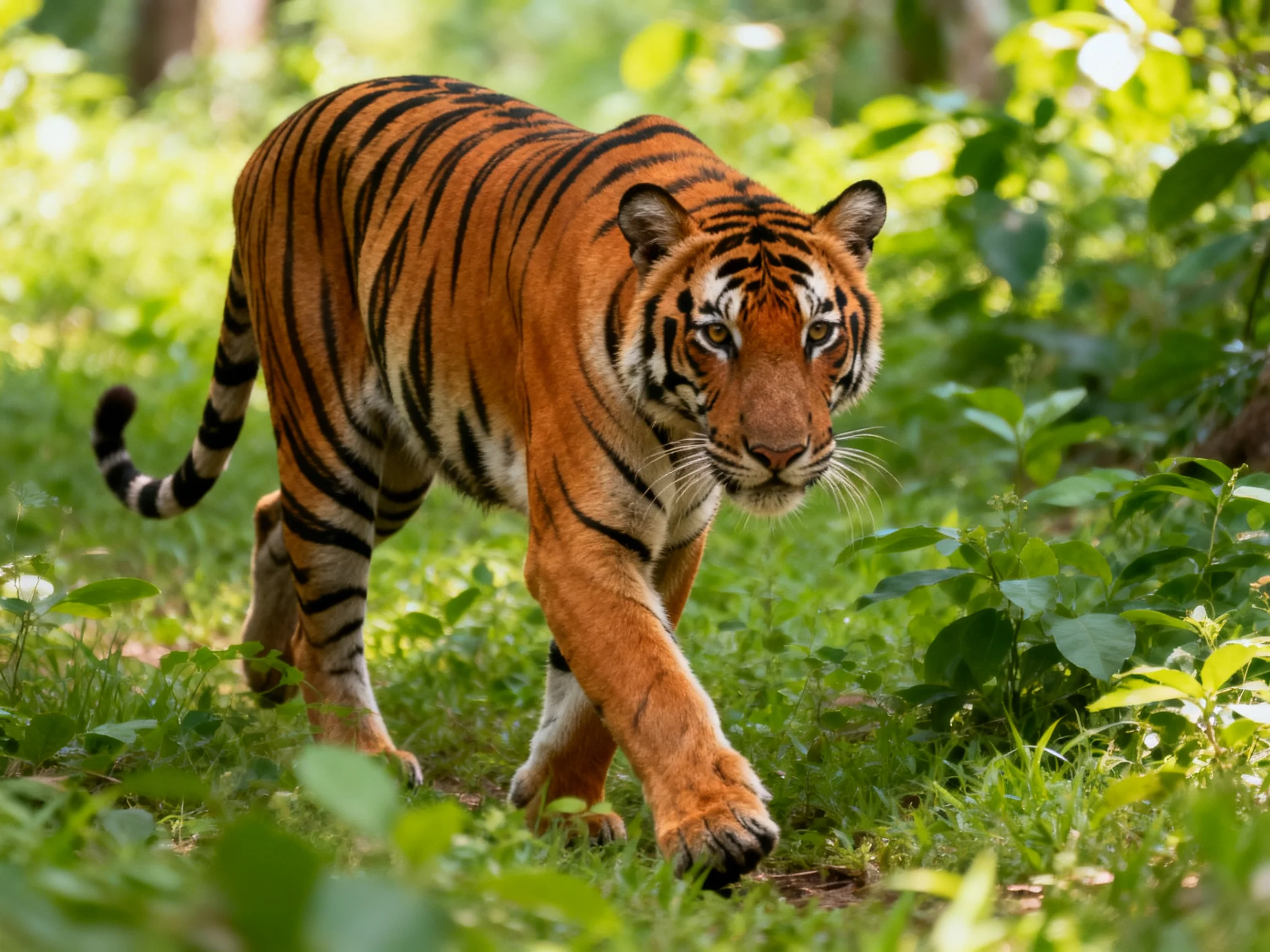 A tiger with black stripes walks through greenery.