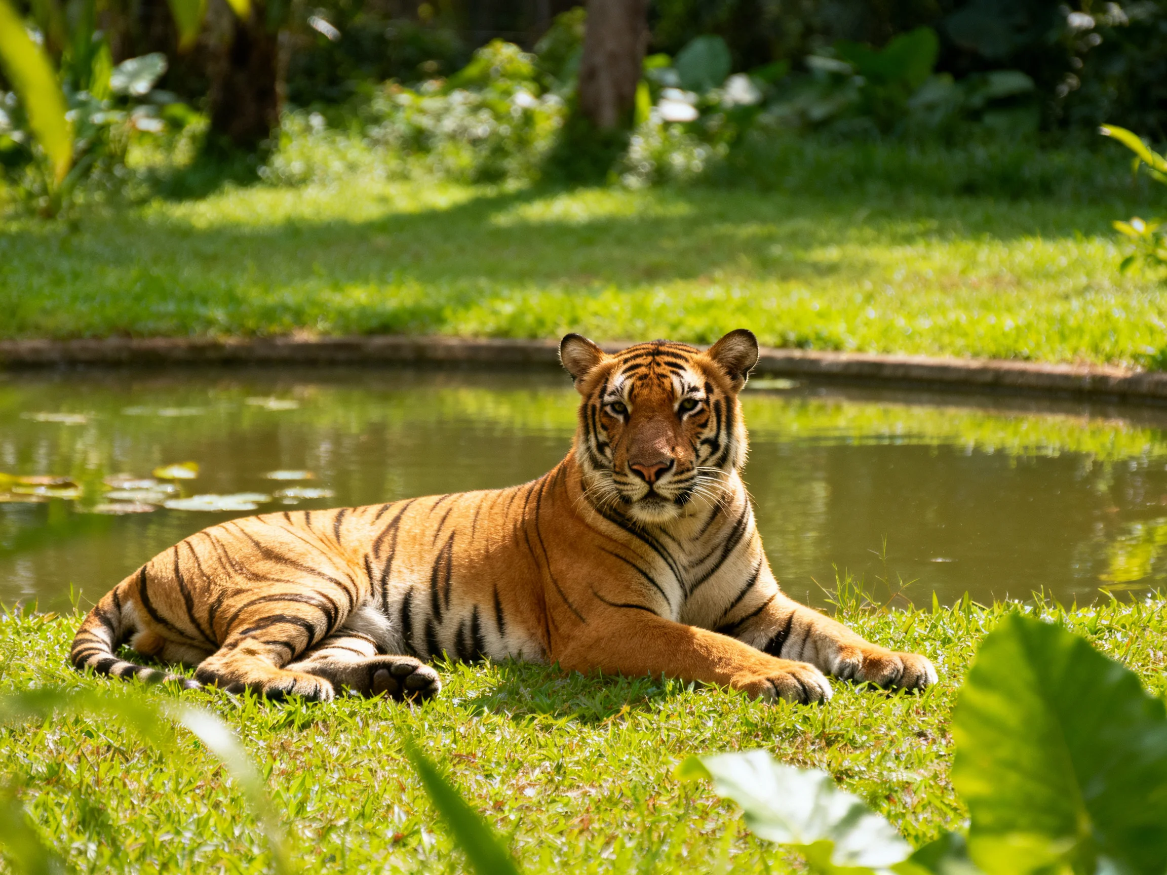A large tawny tiger rests by a small pond in a sunlit, green environment.