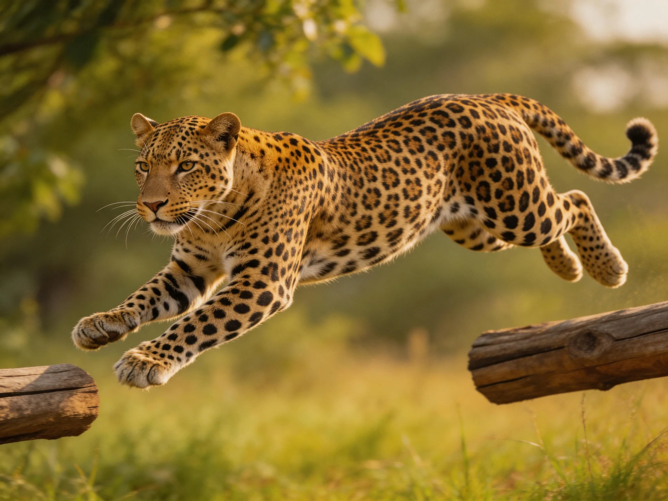 A leaping leopard with golden-spotted coat jumps over wooden logs