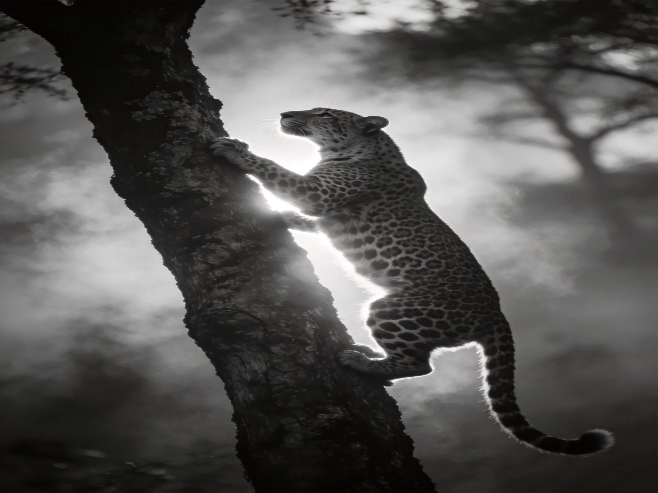 A leopard climbs a tree with dramatic backlight in a moody environment.