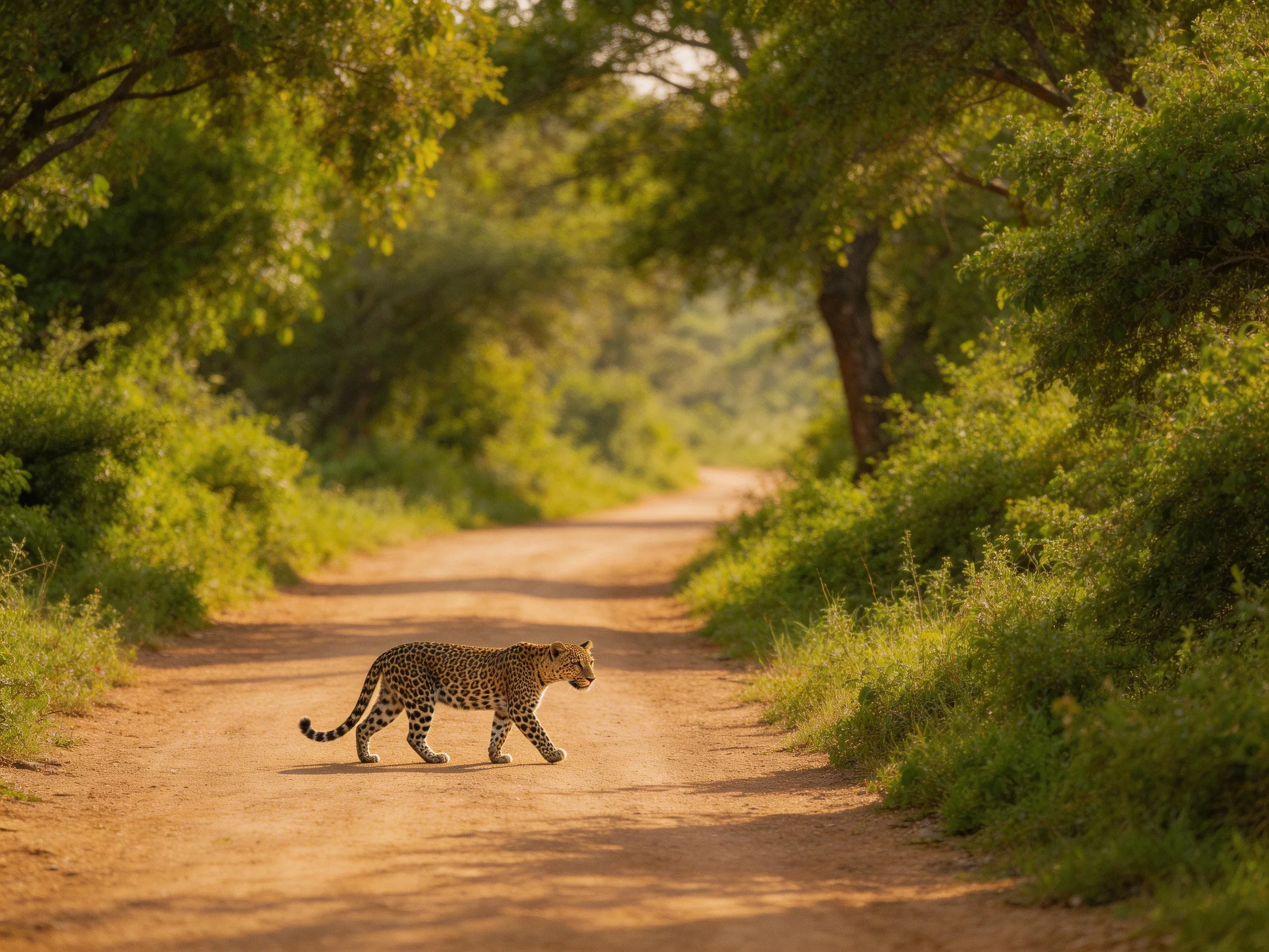 A leopard crosses a sun-drenched dirt path amid lush greenery