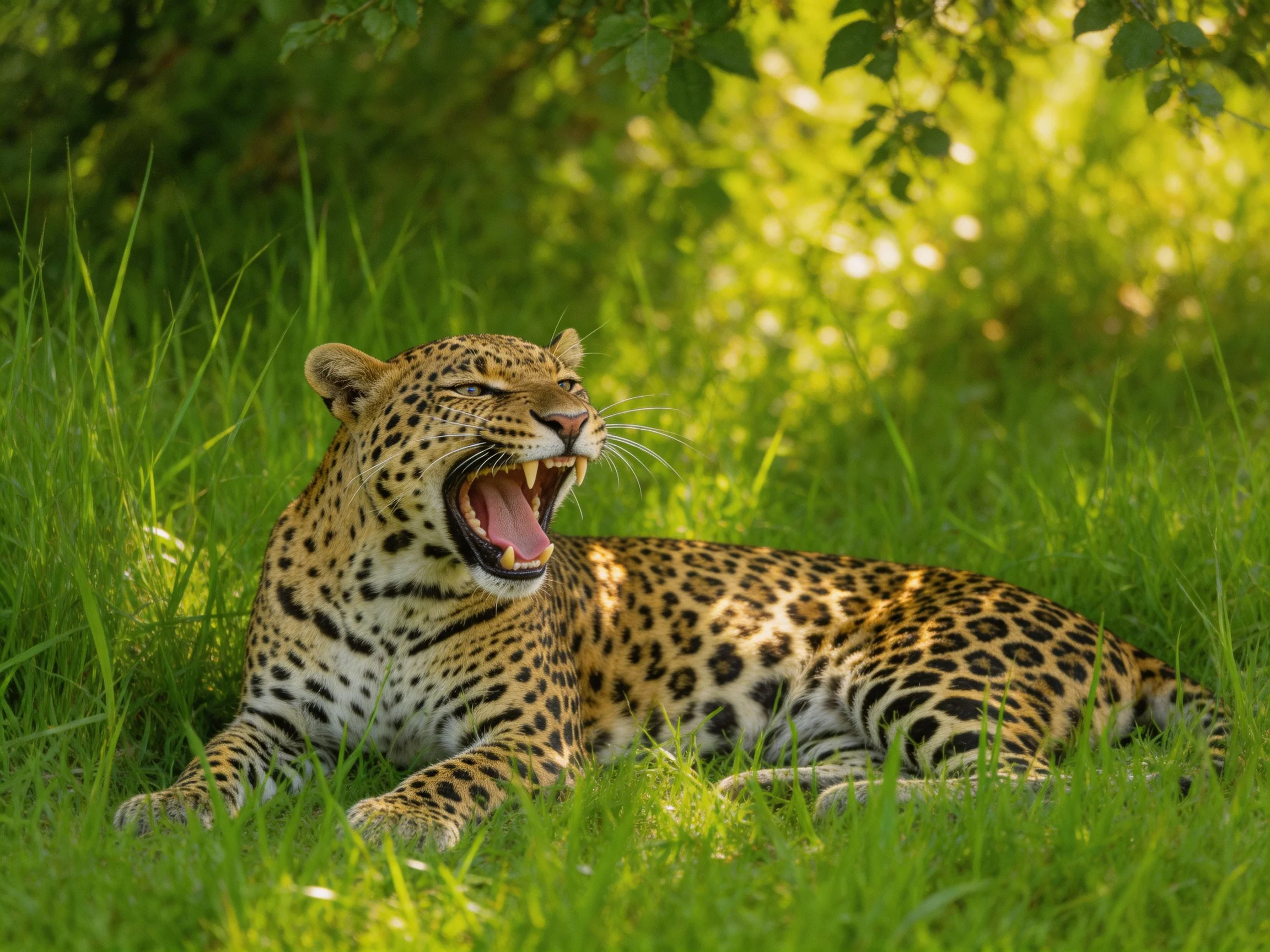 A leopard relaxes in tall green grass with mouth open