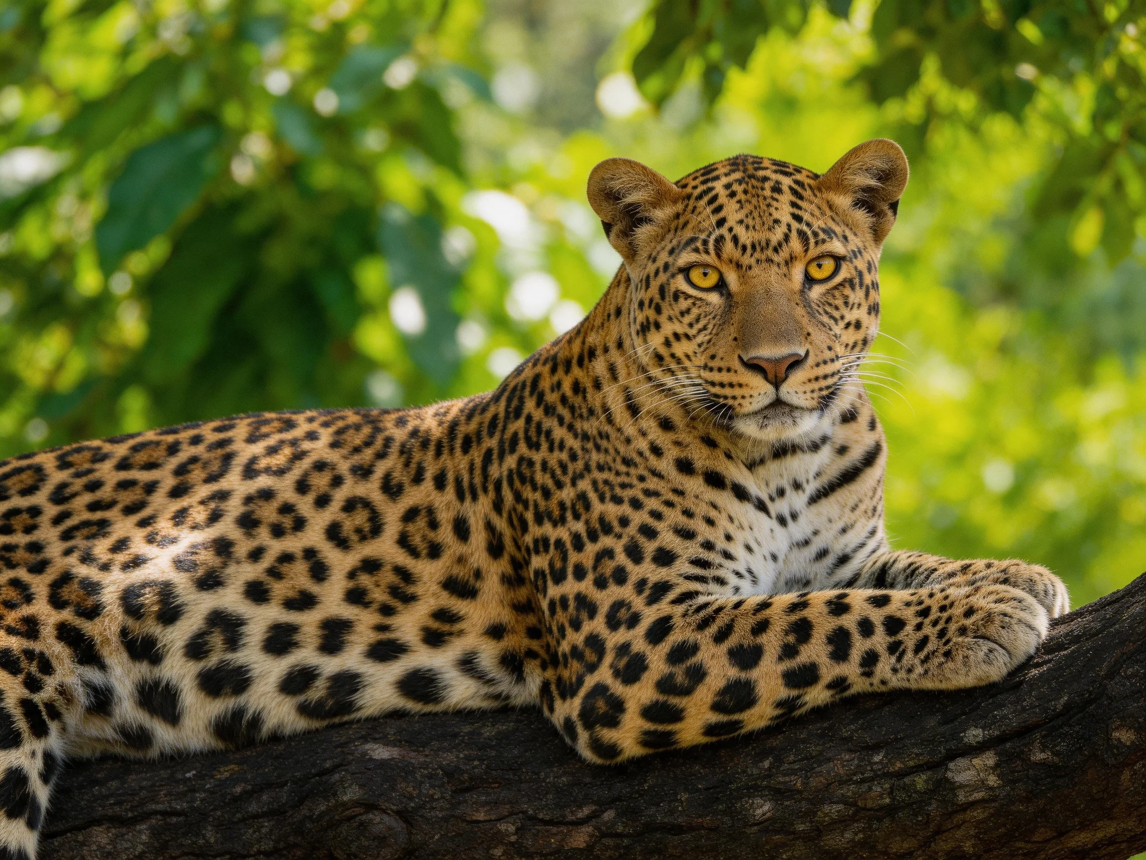 A leopard lies on a tree branch amid greenery.