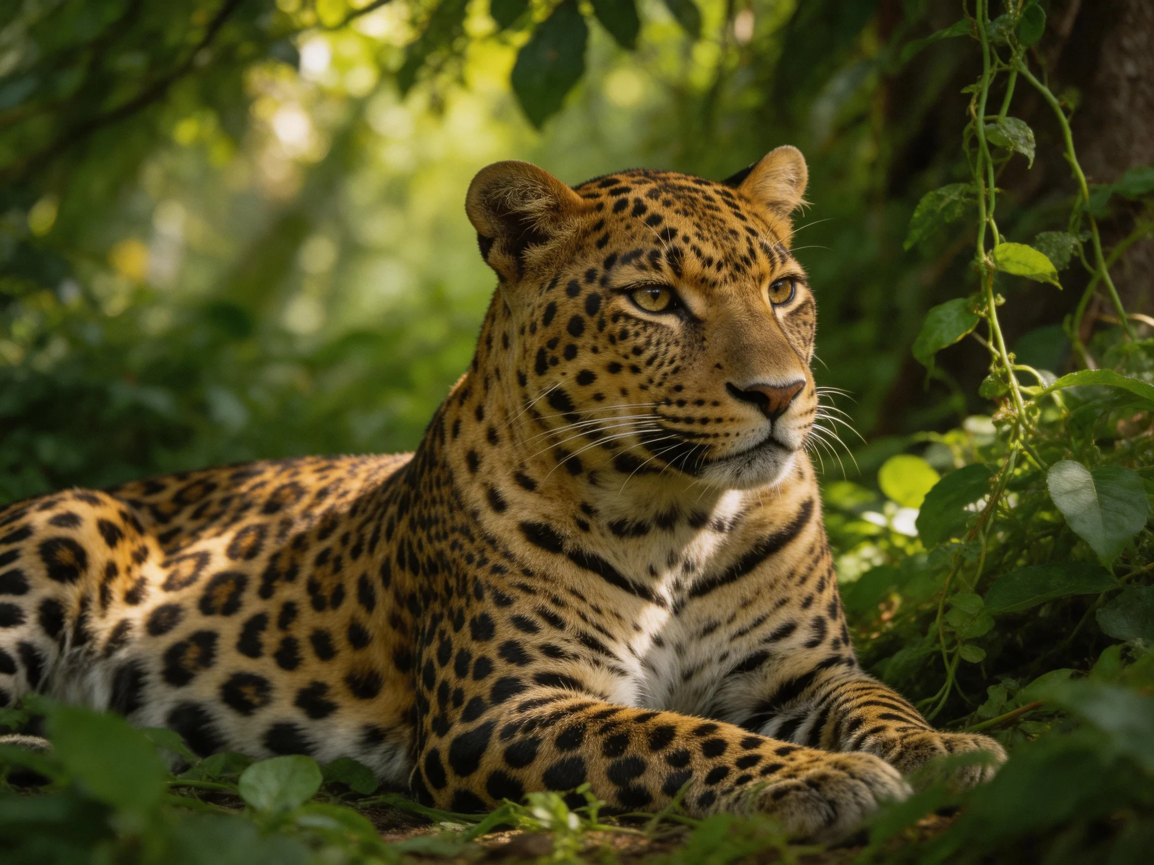 A leopard rests calmly among greenery in a sunlit forest area