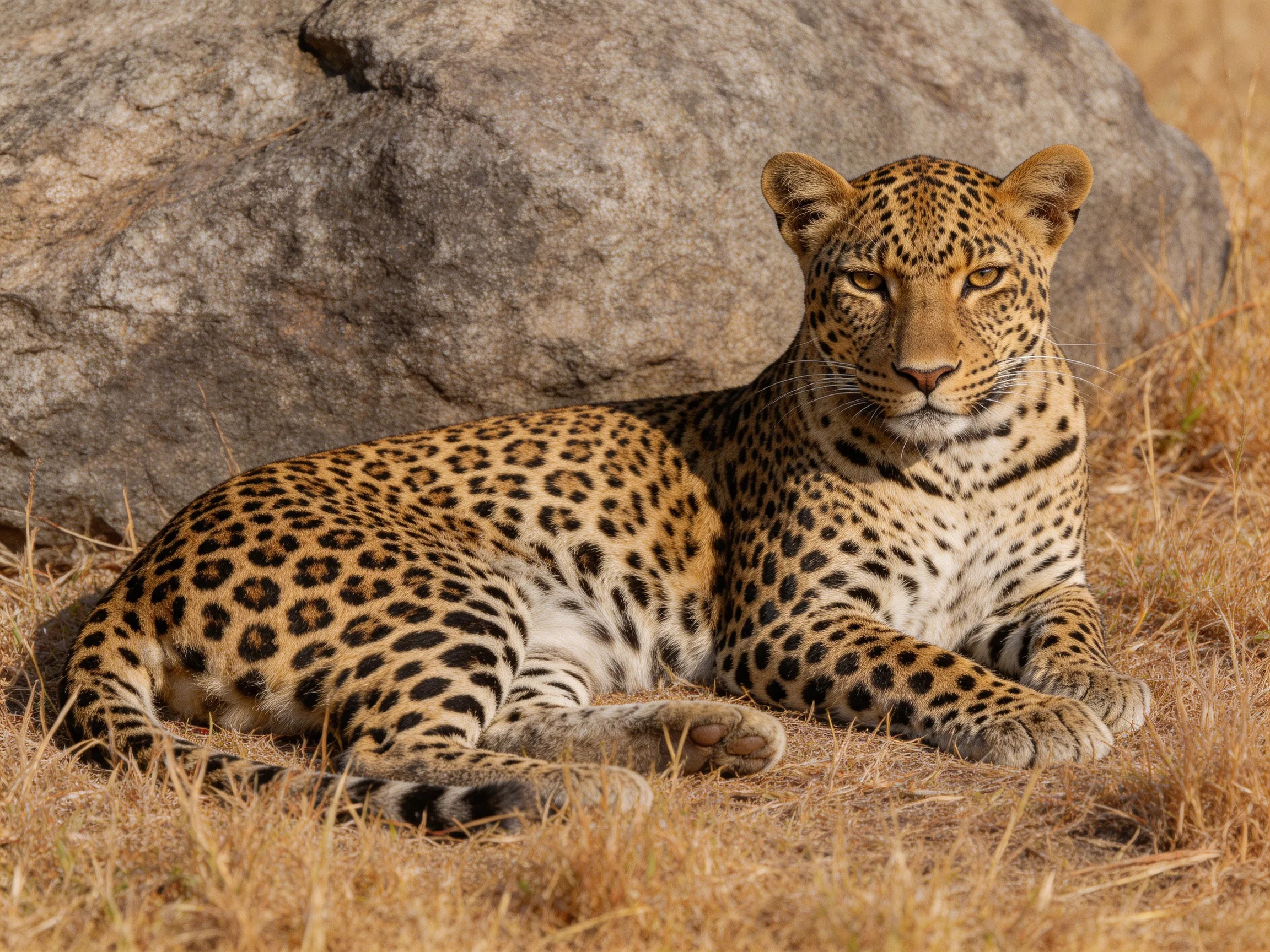 A leopard relaxes next to a large rock in dry grass.