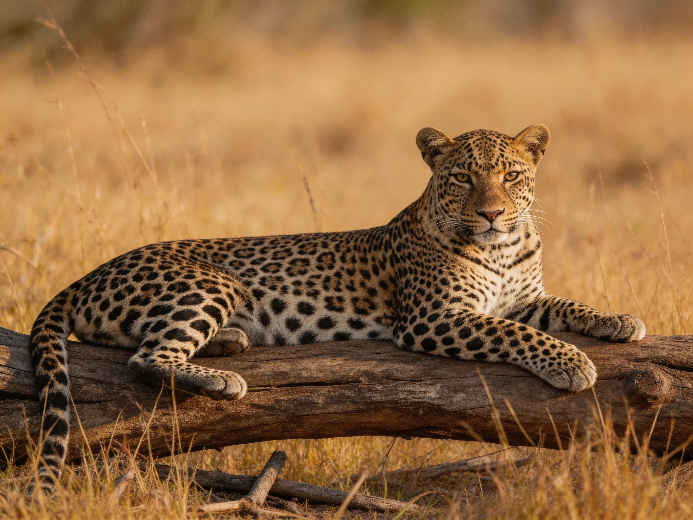 A leopard rests on a log in a sunlit savannah