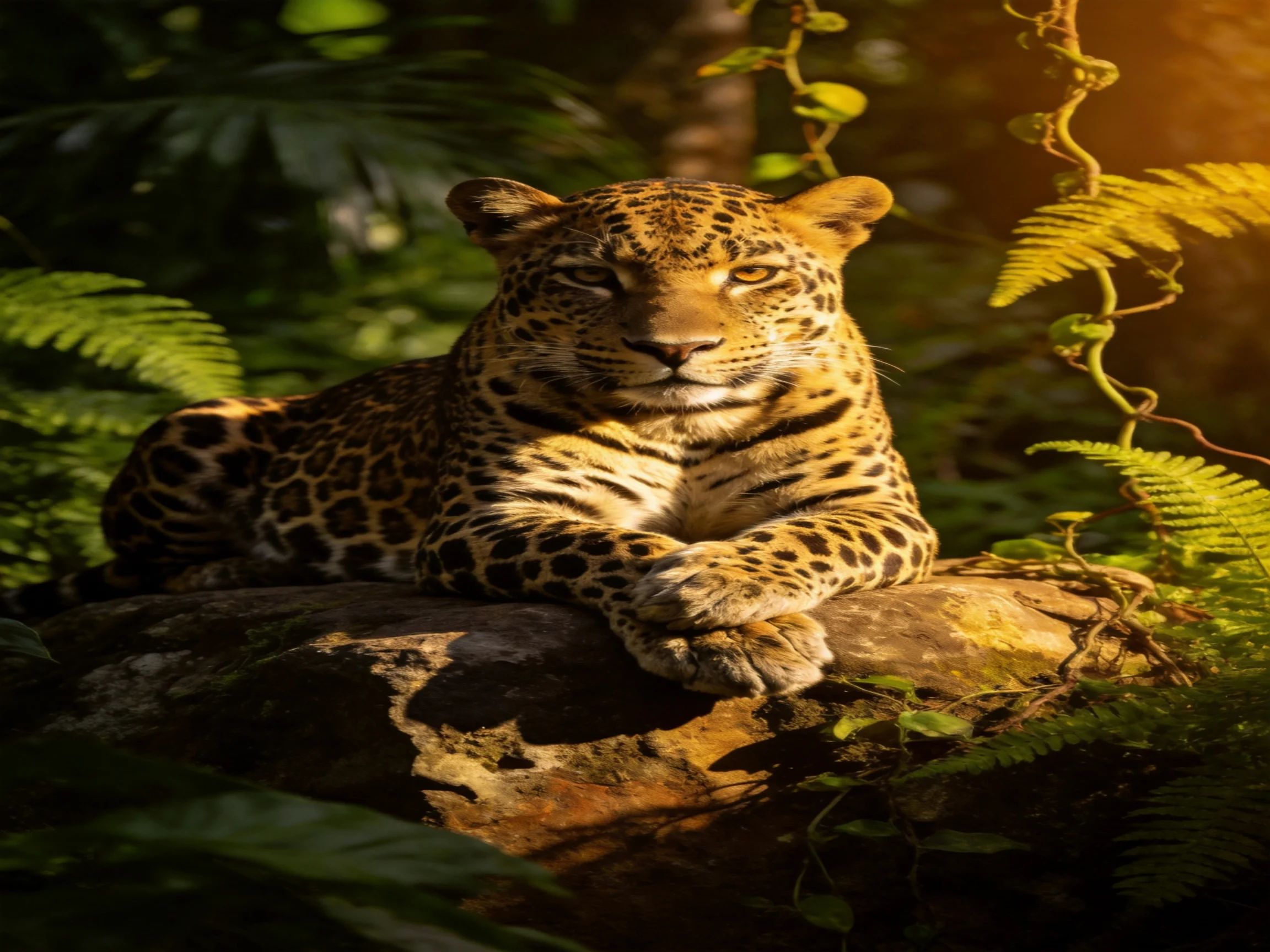 A leopard relaxes on a rock amidst lush green foliage