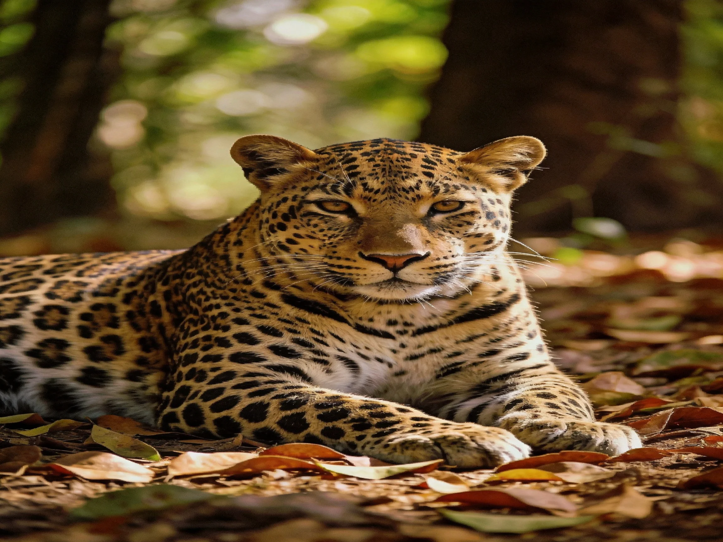 A leopard rests among leaves in a sunlit forest
