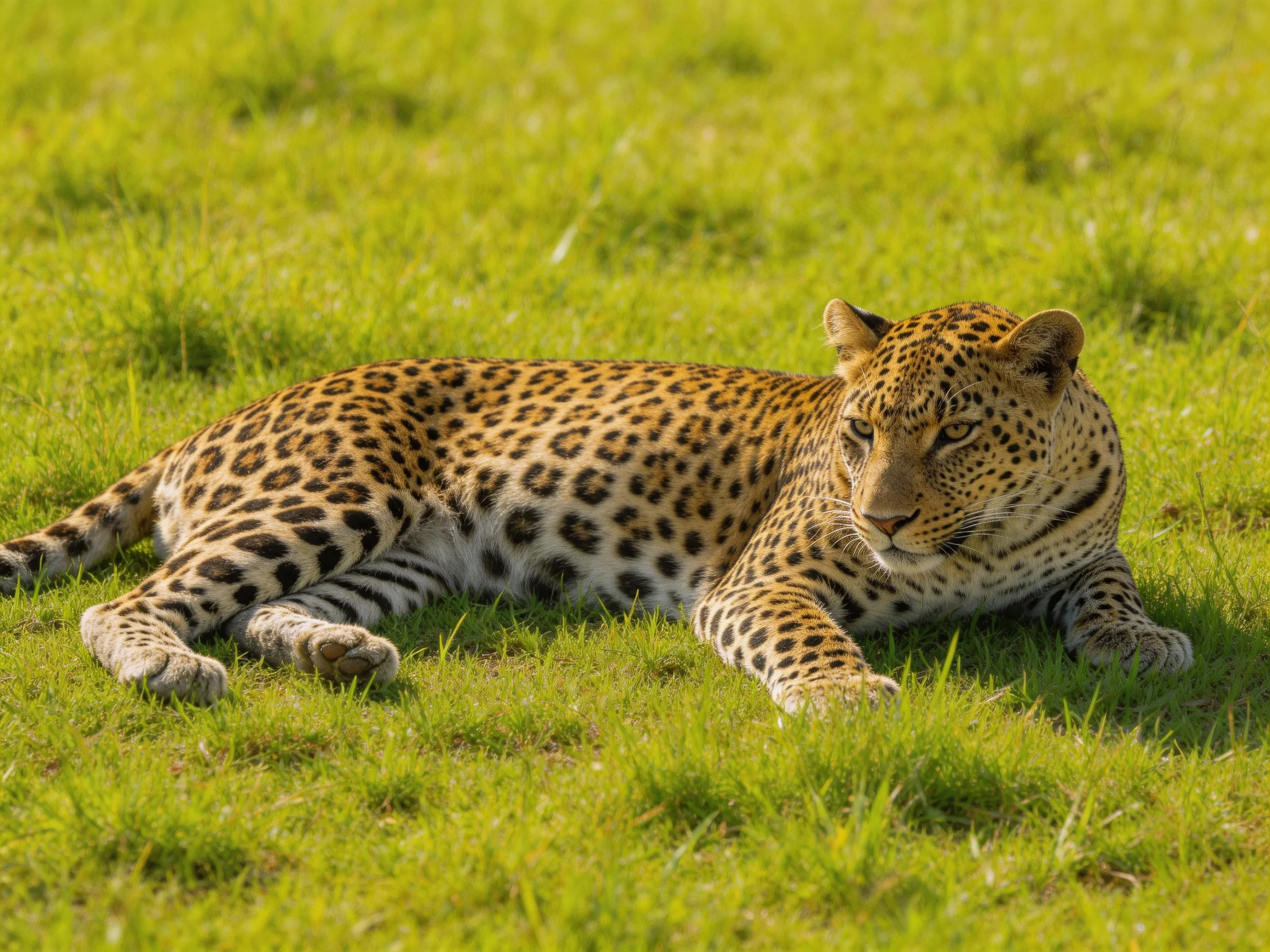 A leopard rests on green grass, displaying its spotted fur