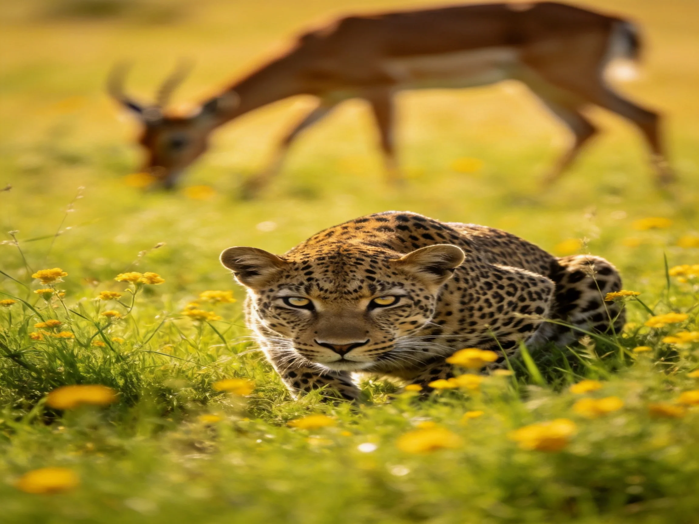 A leopard hides among flowers while an antelope grazes nearby.