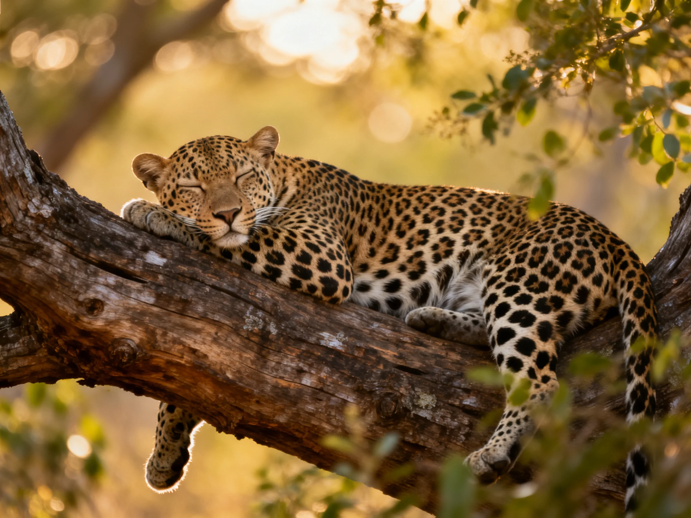 A leopard sleeps on a large tree branch in a sunlit forest.