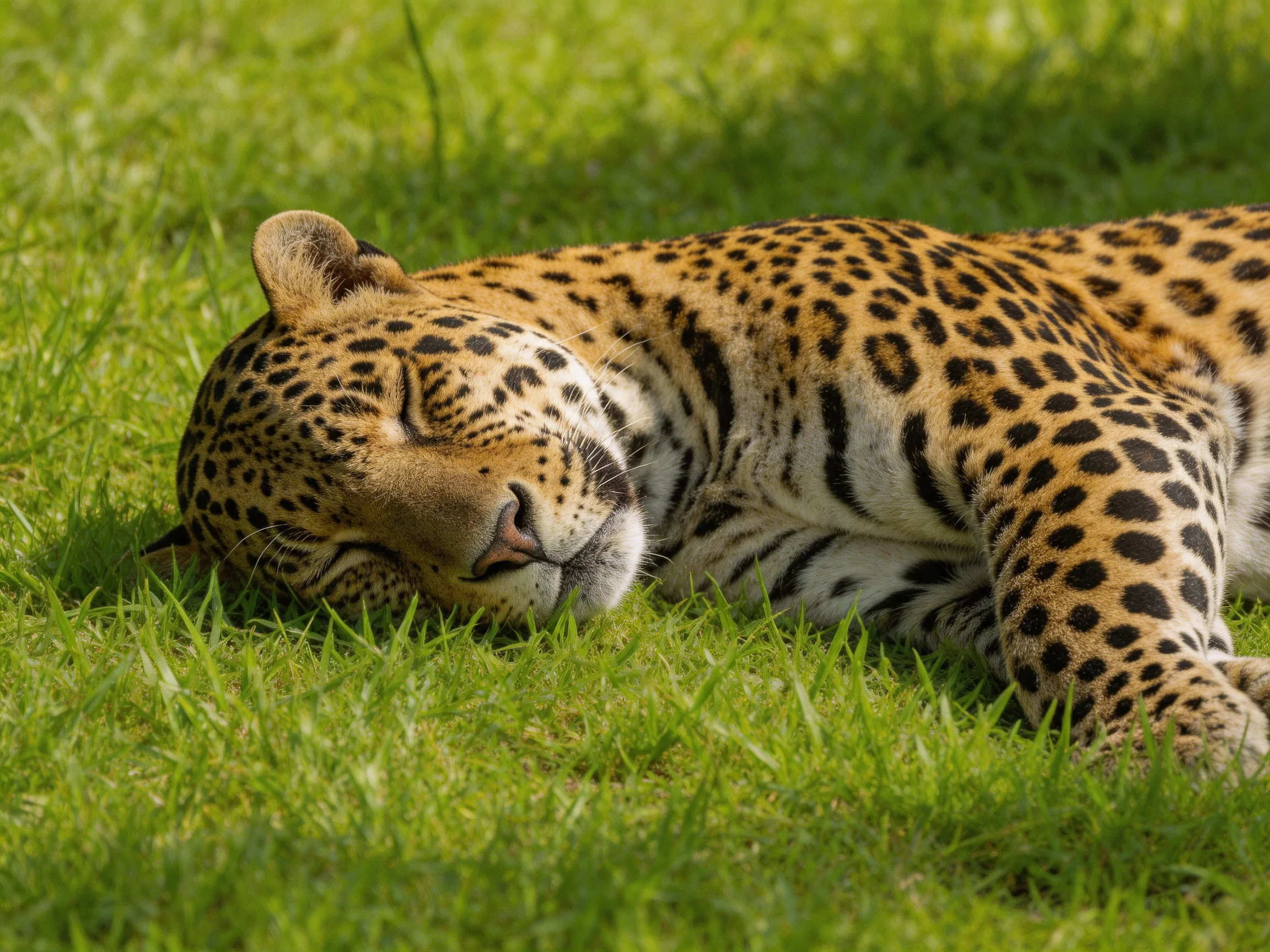 A leopard sleeps on green grass in a sunlit environment