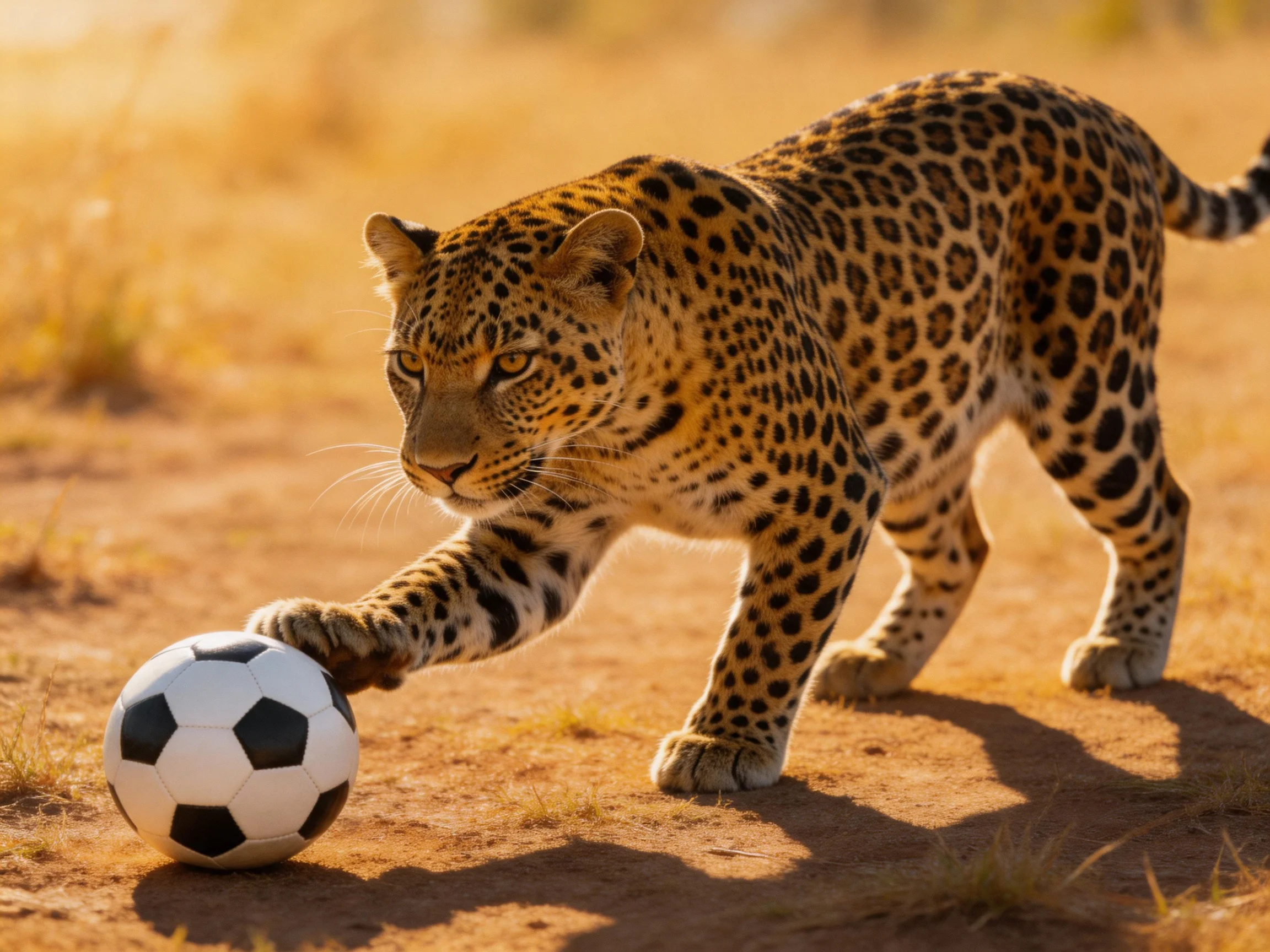 A leopard plays with a black-and-white soccer ball on dry earth