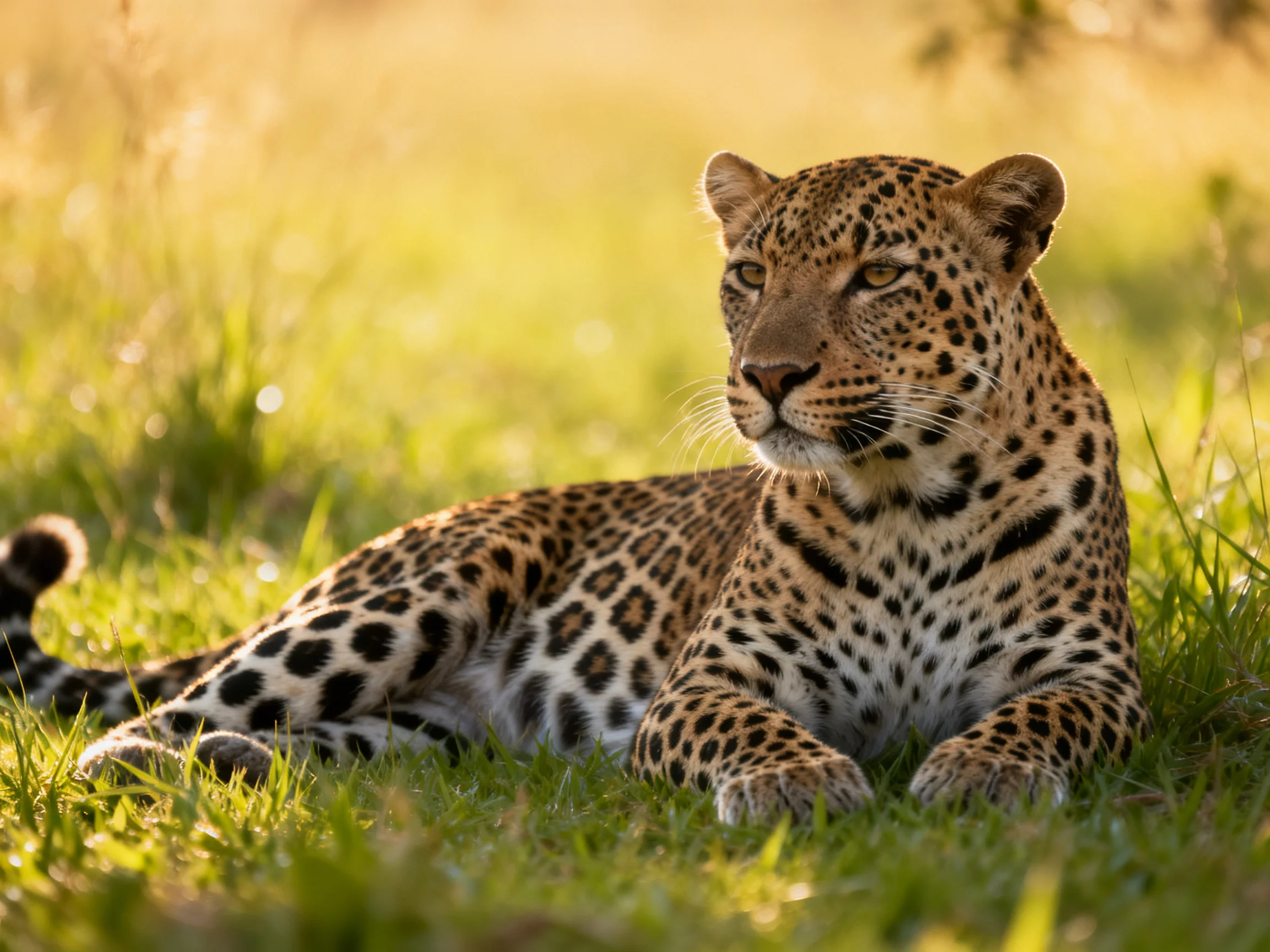 A leopard rests on green grass in a sunlit environment.