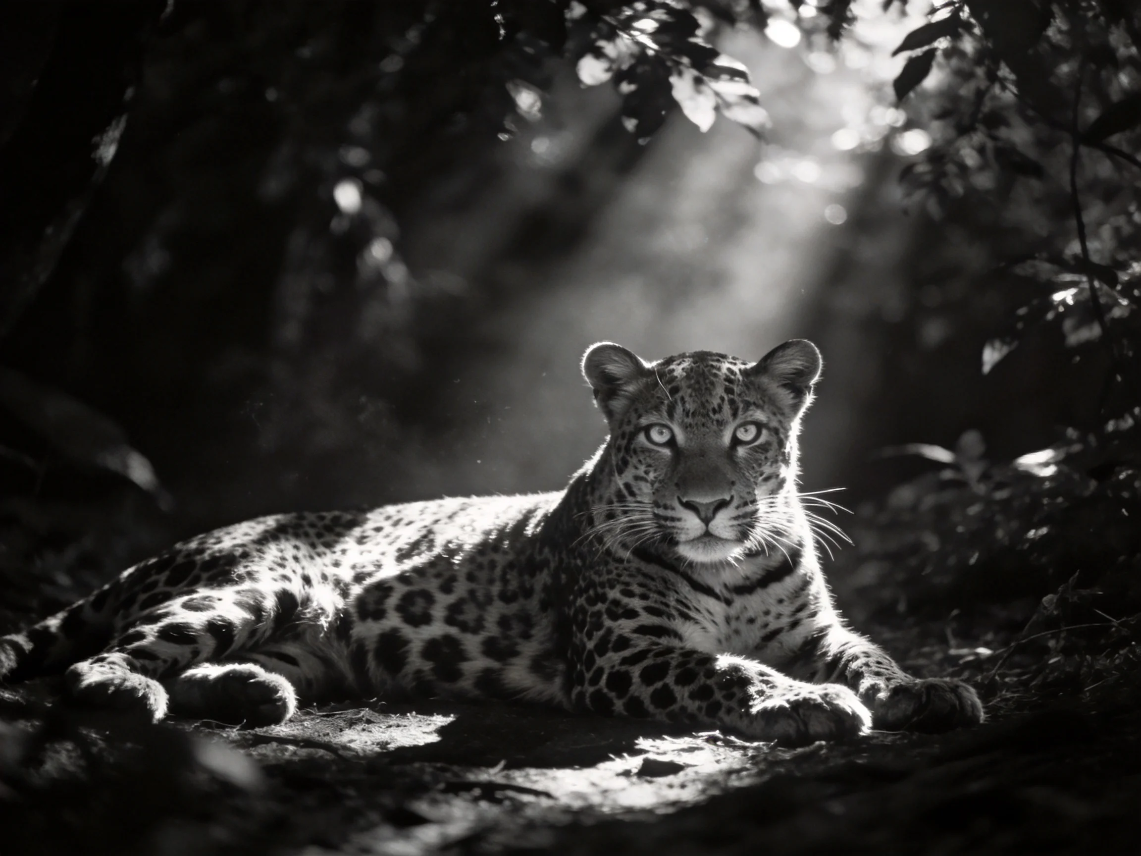 A leopard rests amid dense foliage with sunbeams filtering through