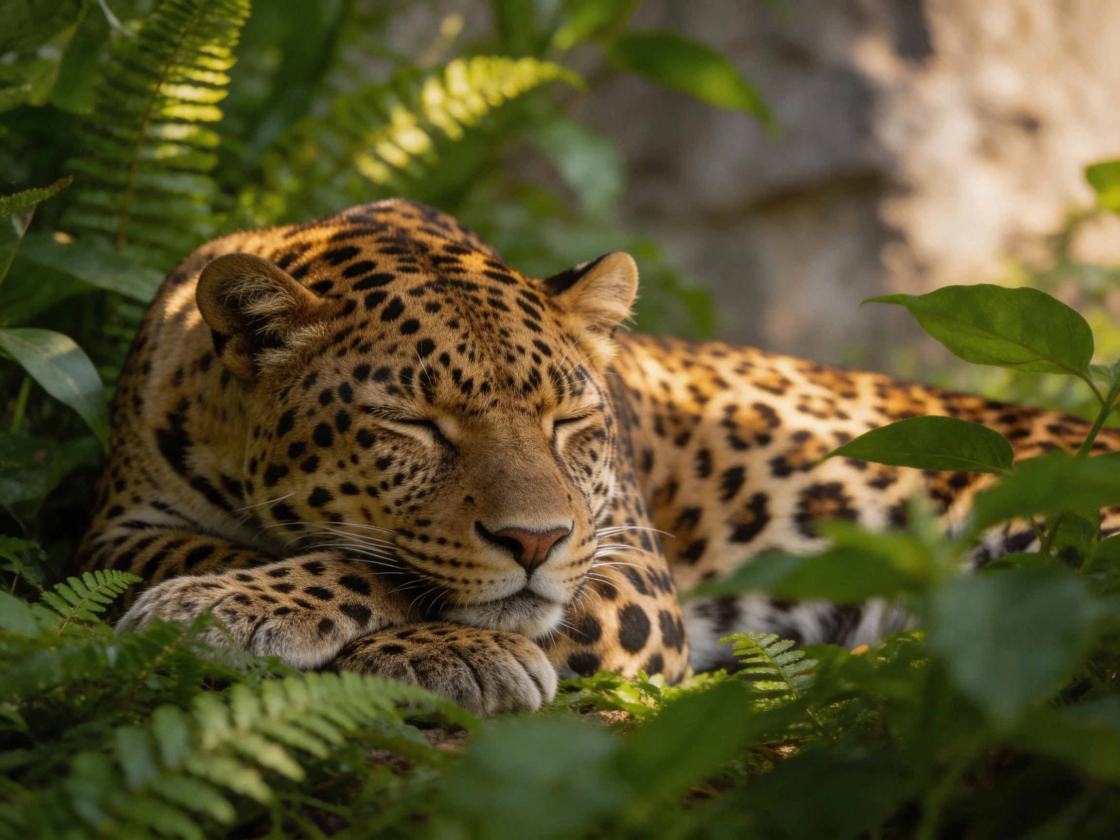 A leopard sleeps peacefully among dense green foliage in a sunlit area.