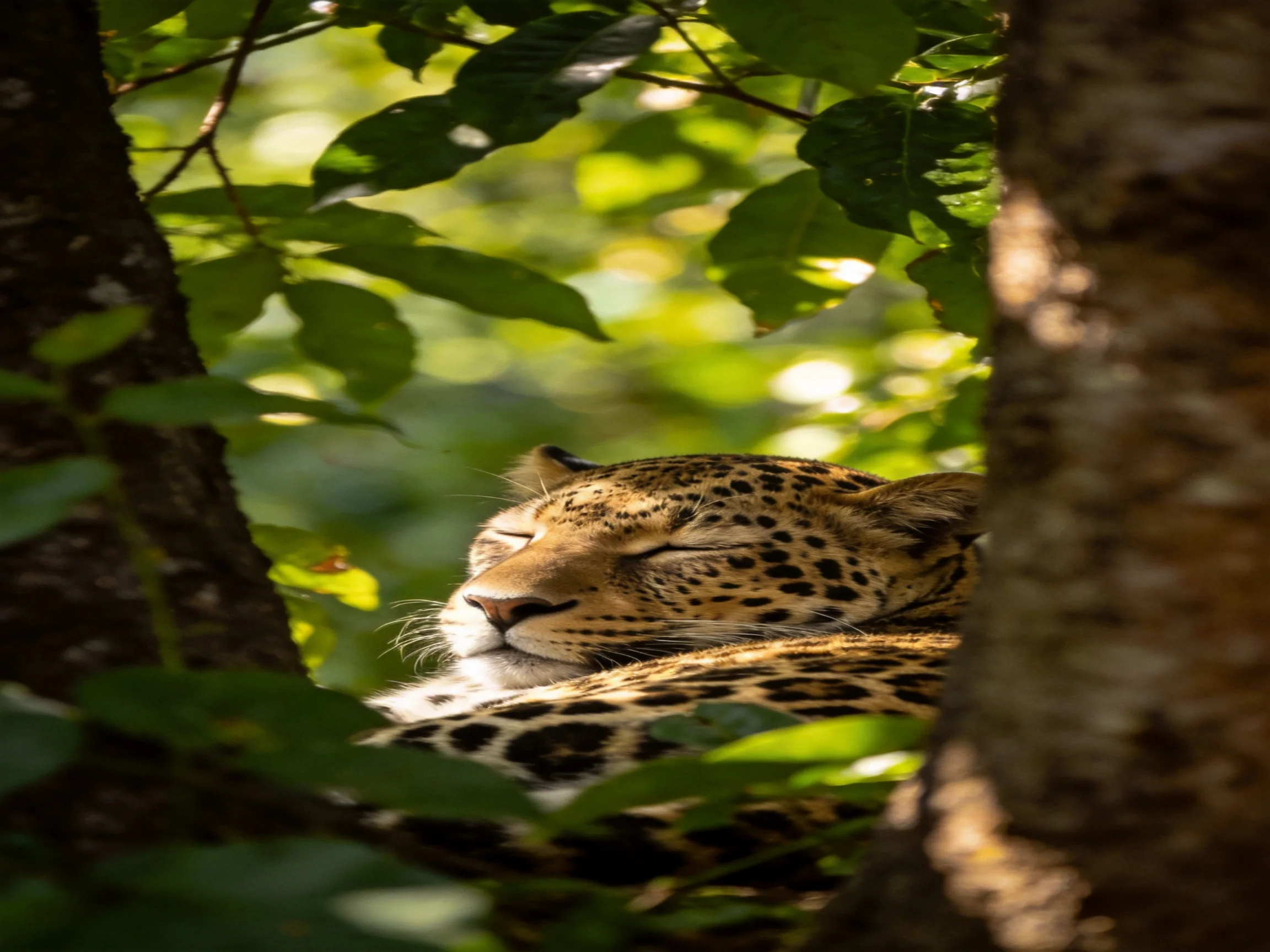 A leopard sleeps peacefully among dense greenery in a sunlit forest.