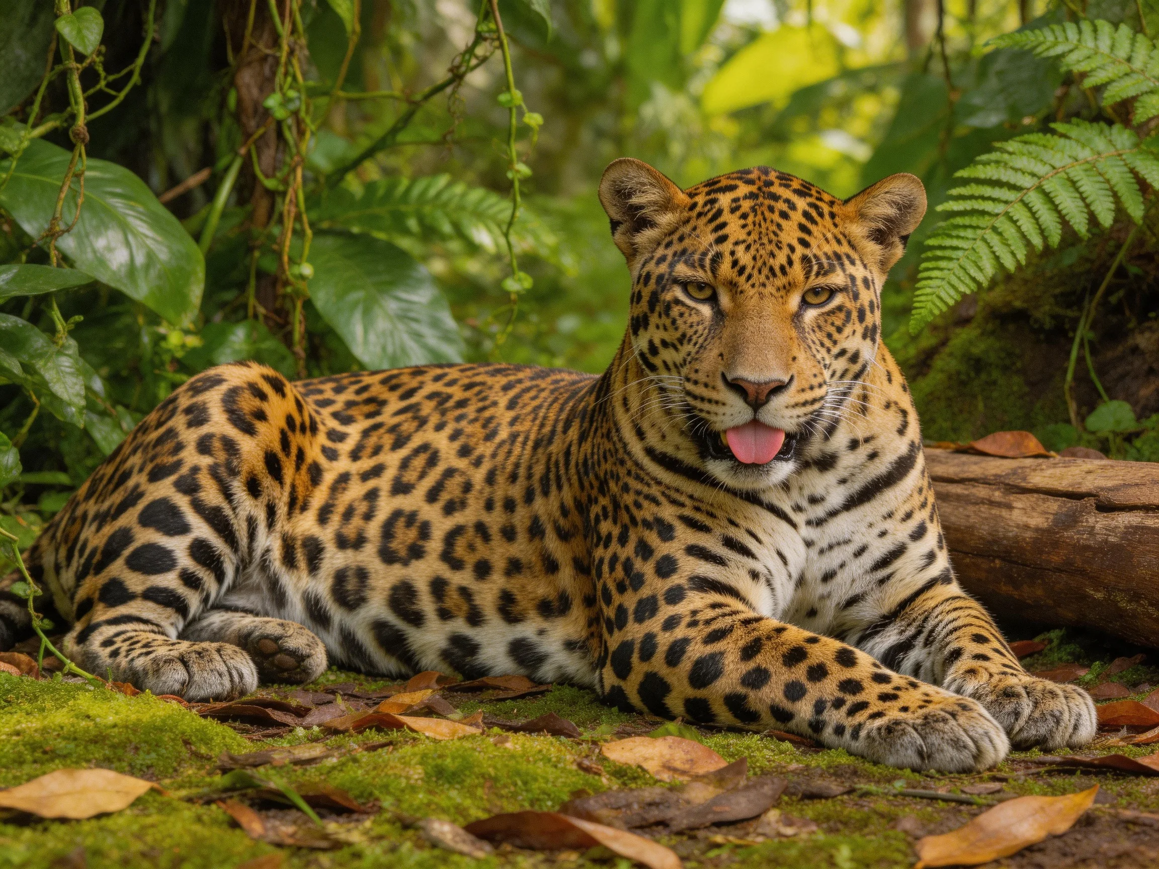 A leopard relaxes on mossy ground amid dense greenery.
