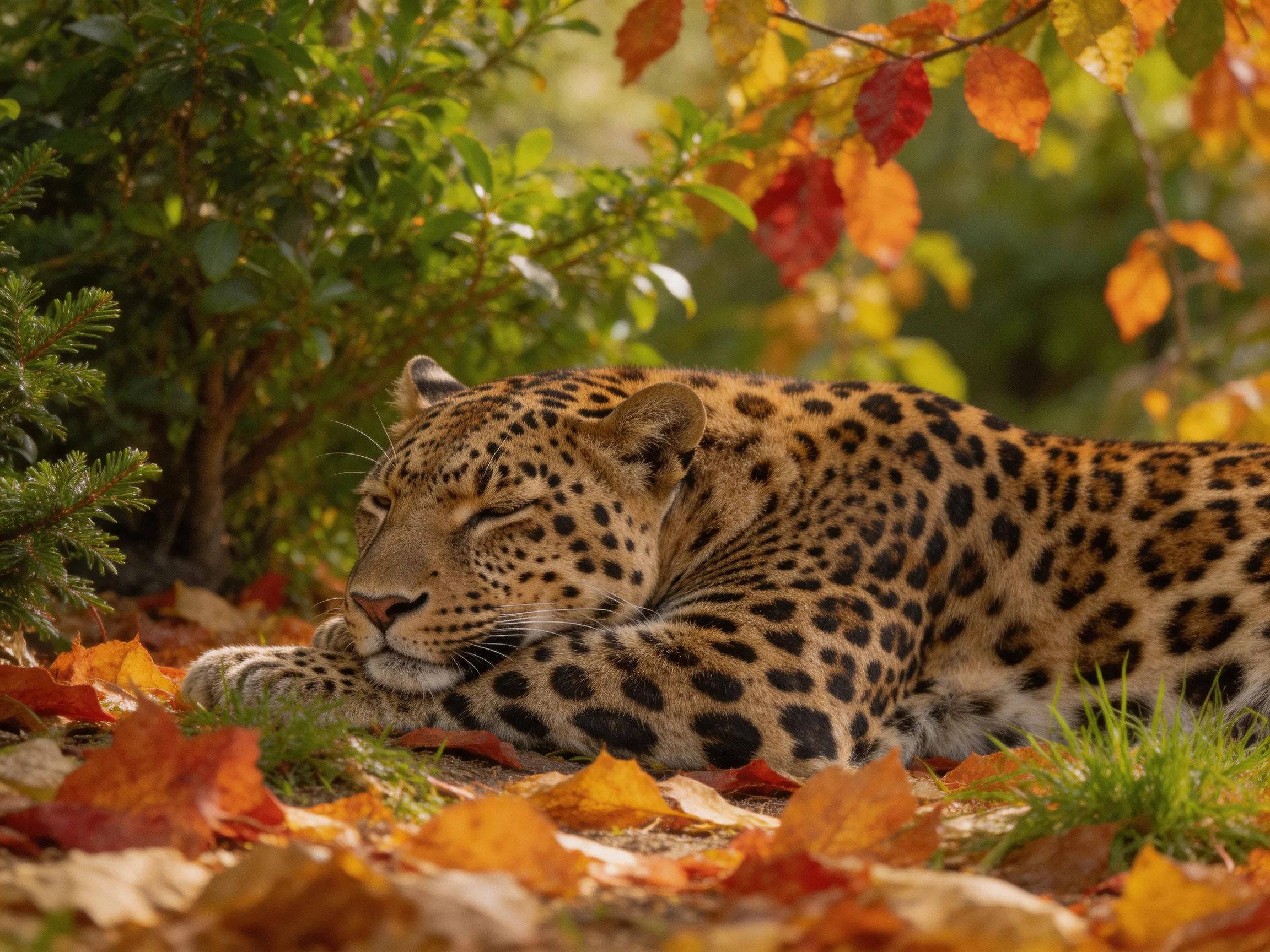 A leopard rests peacefully among autumn leaves and greenery in a sunlit setting.