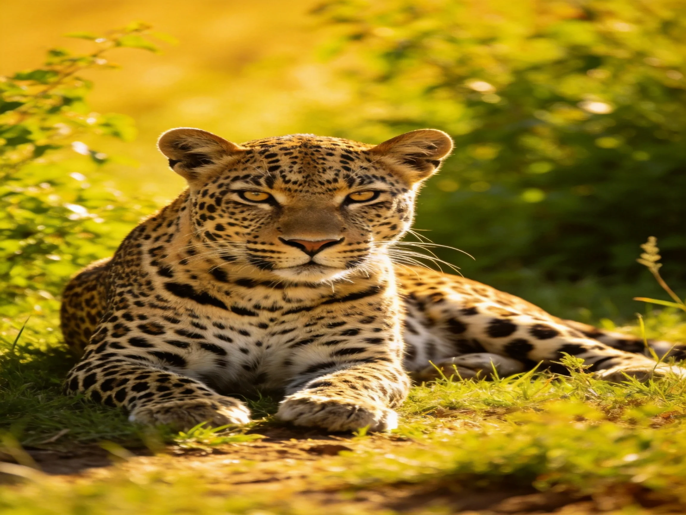 A leopard lies calmly in a sunlit natural setting.