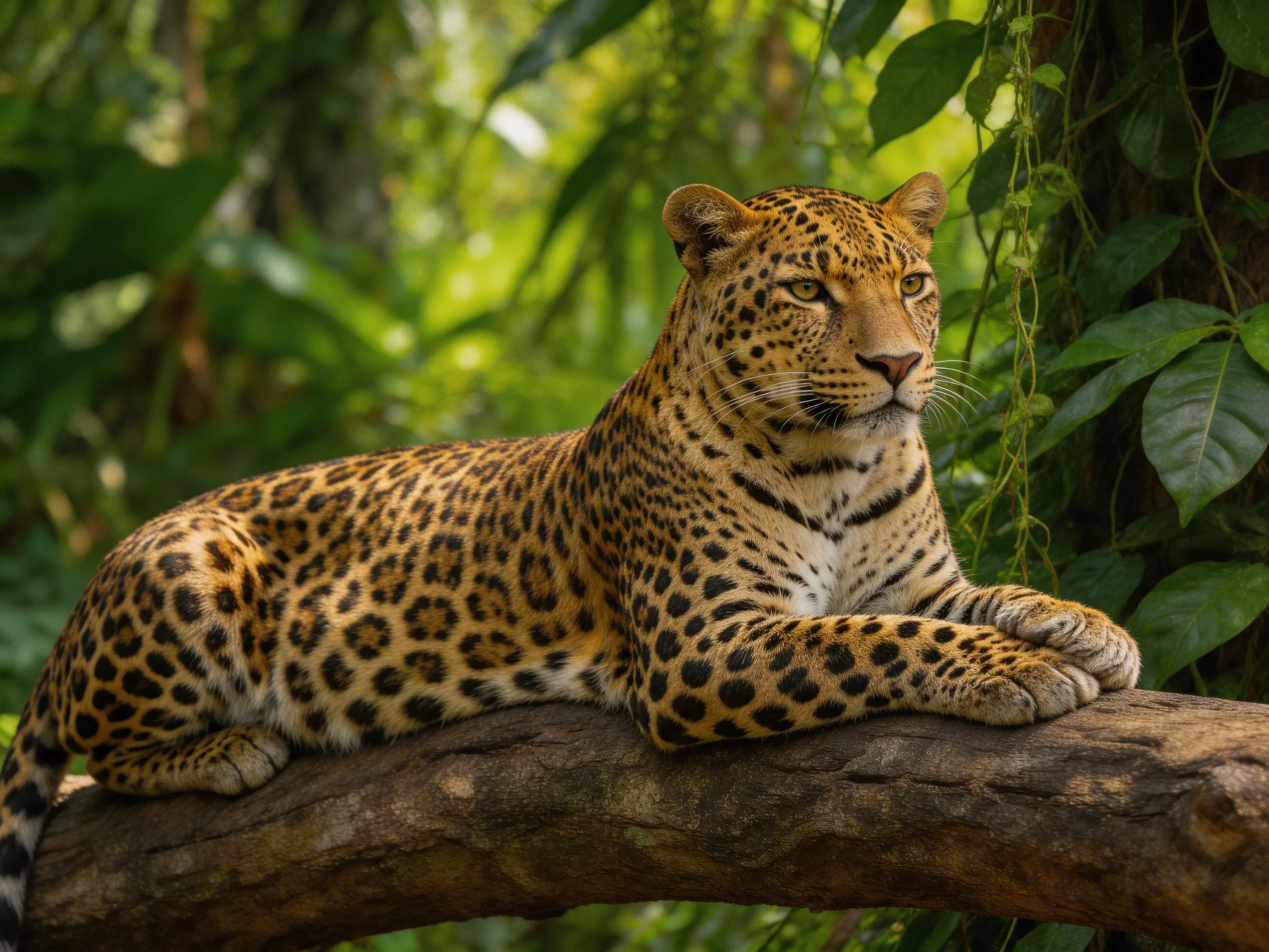 A leopard relaxes on a tree branch in a verdant forest setting.