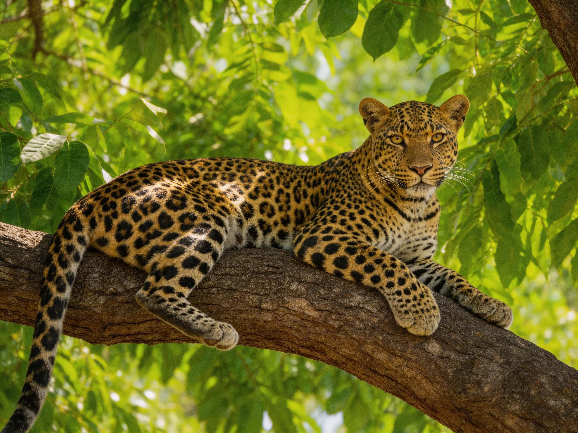 A leopard lounges comfortably on a large tree branch surrounded by dense green foliage.