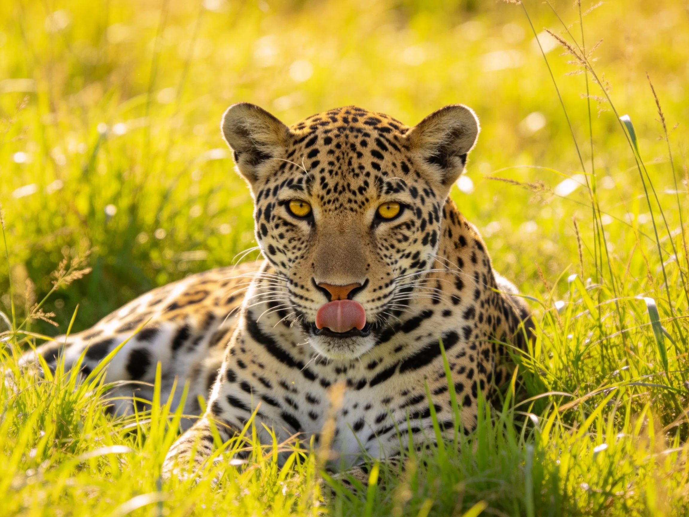 A leopard lies calmly in sunlit green grass, displaying its spotted coat and bright eyes.