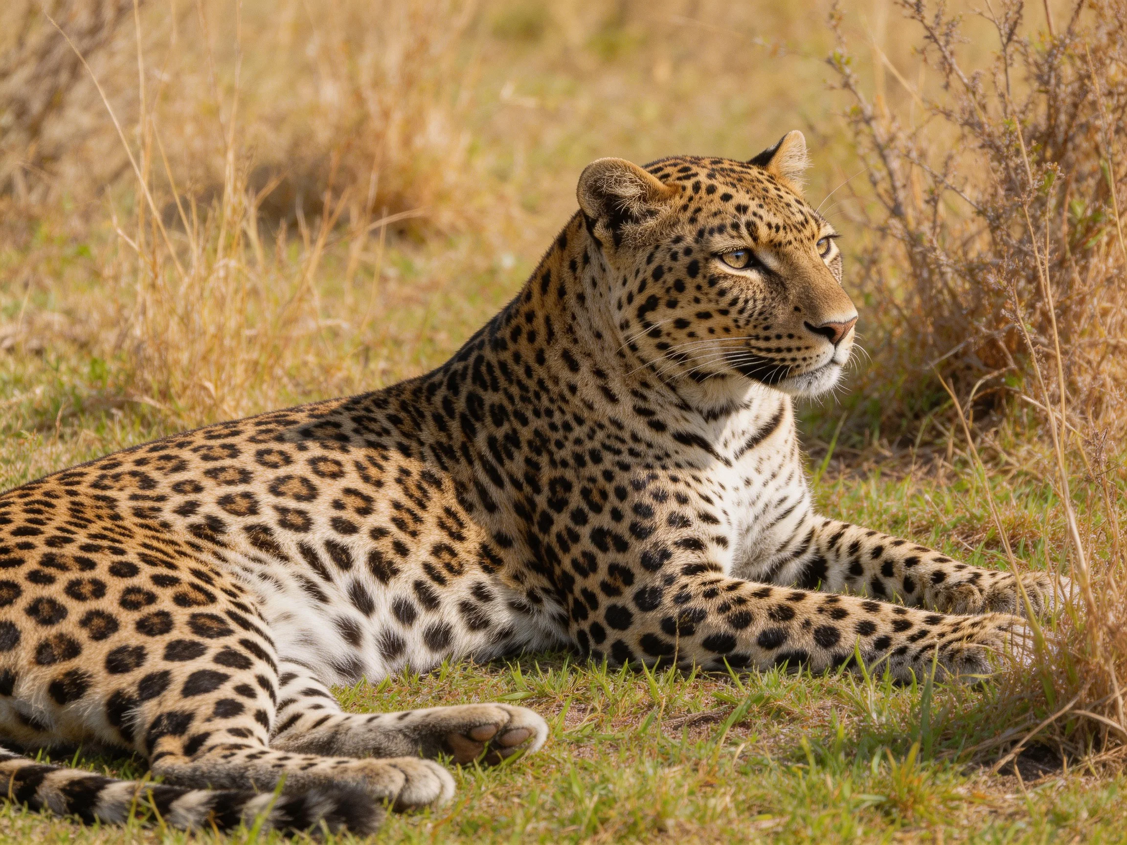 A leopard rests calmly in sunlit savannah grass.