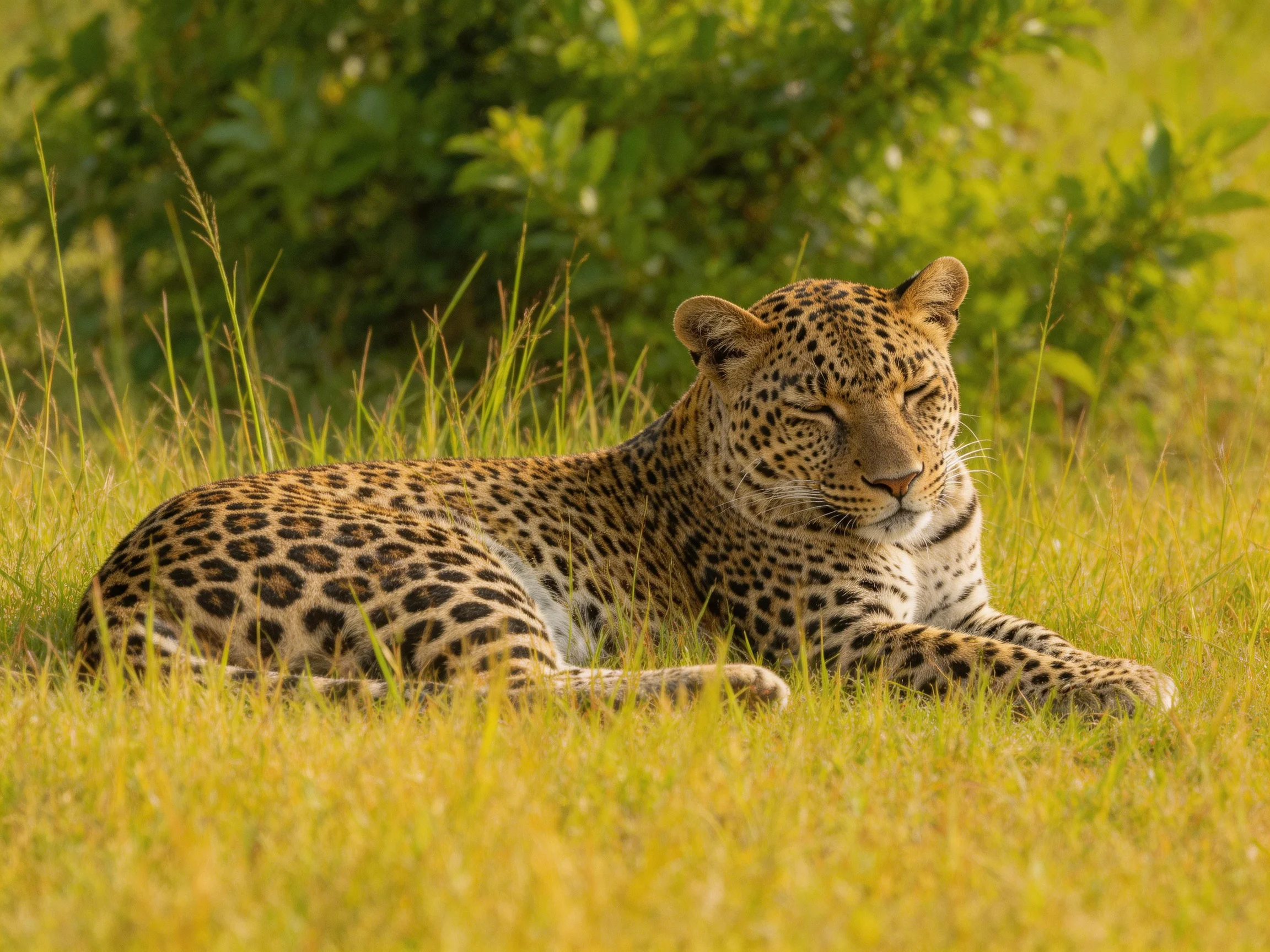 A leopard lies calmly among tall grass with green foliage in the background.