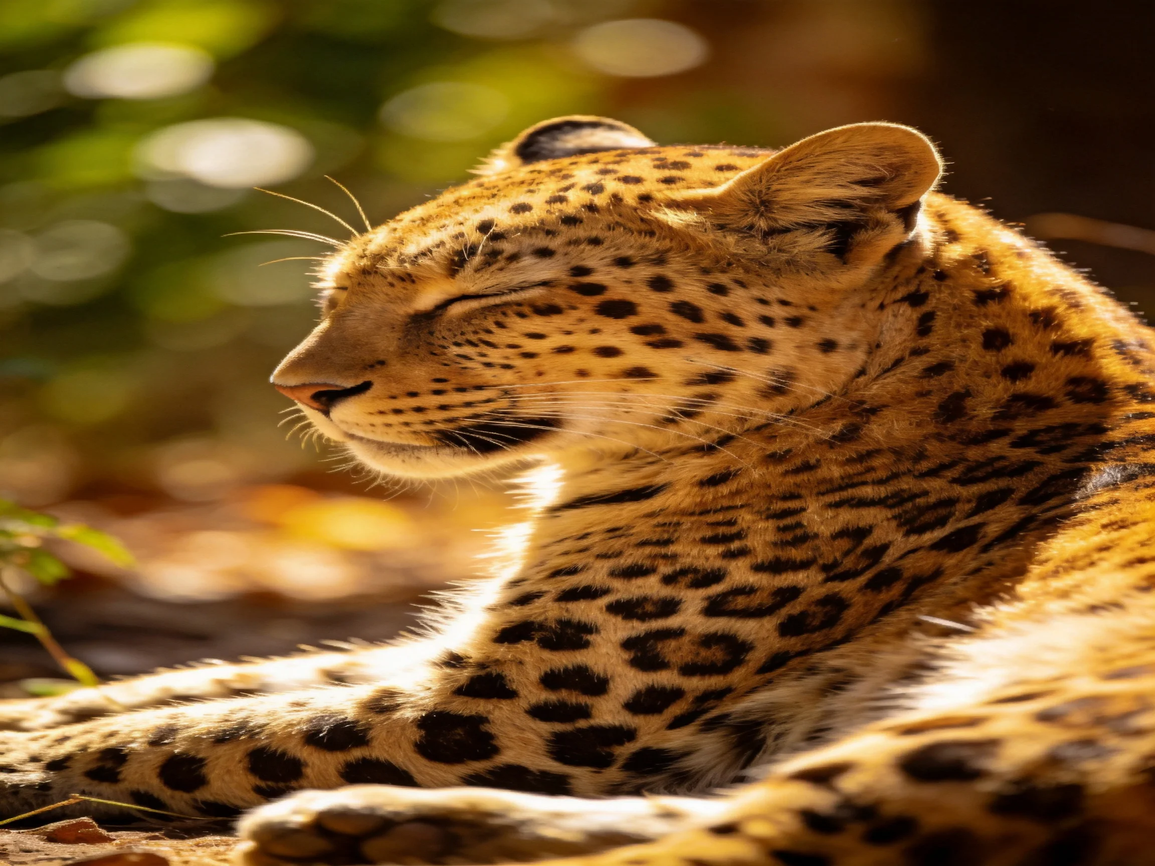 A leopard rests calmly in a sunlit natural setting