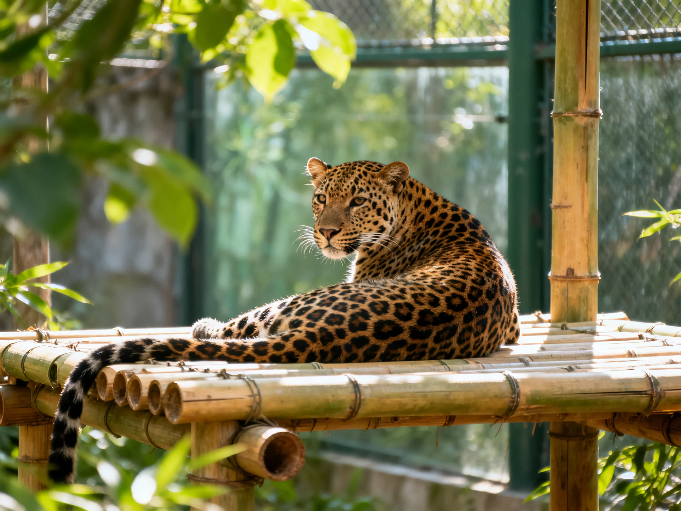 A leopard rests on a bamboo platform amid lush green foliage