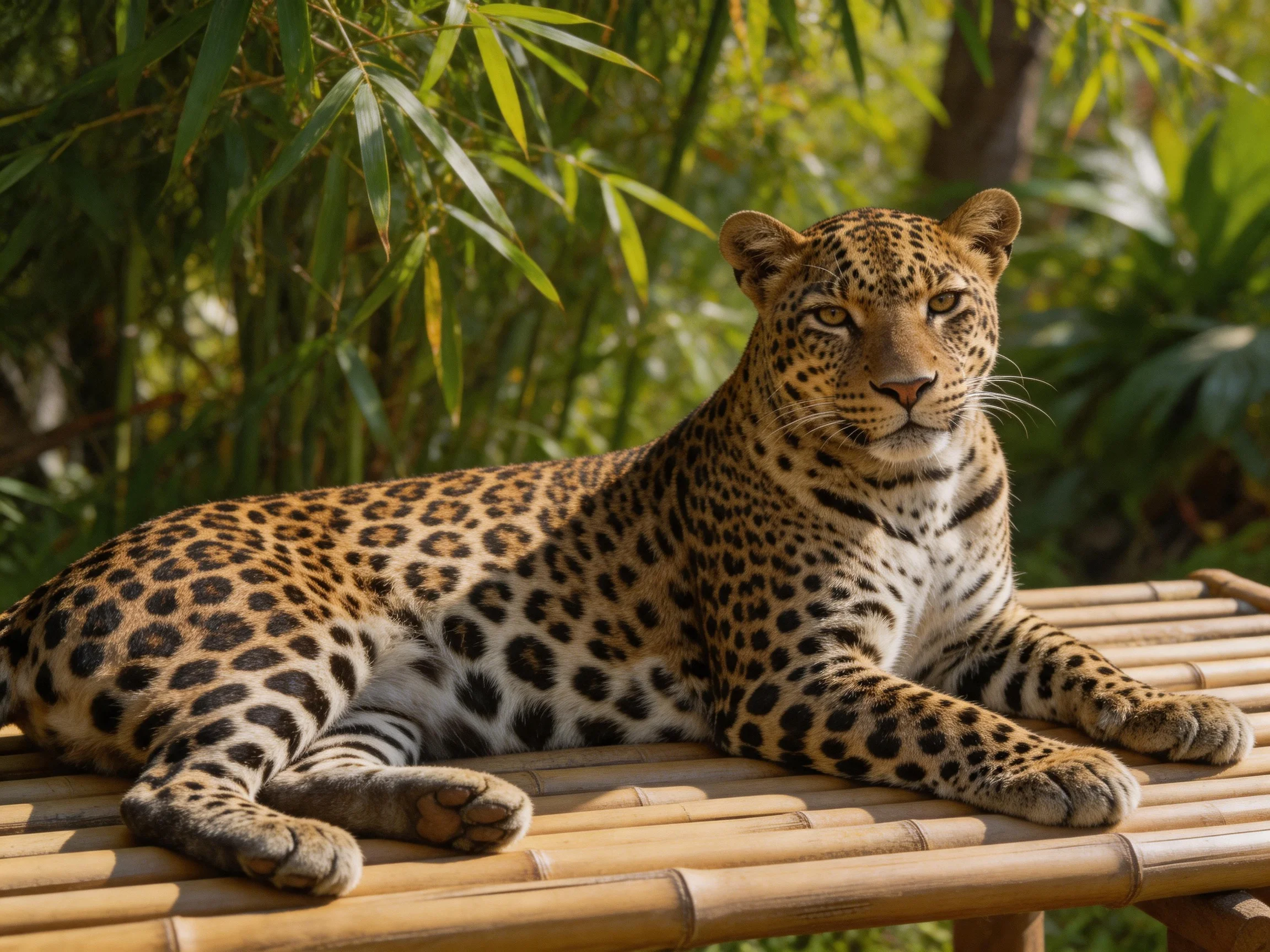 A leopard reclines on a bamboo platform in a verdant, sunlit setting.
