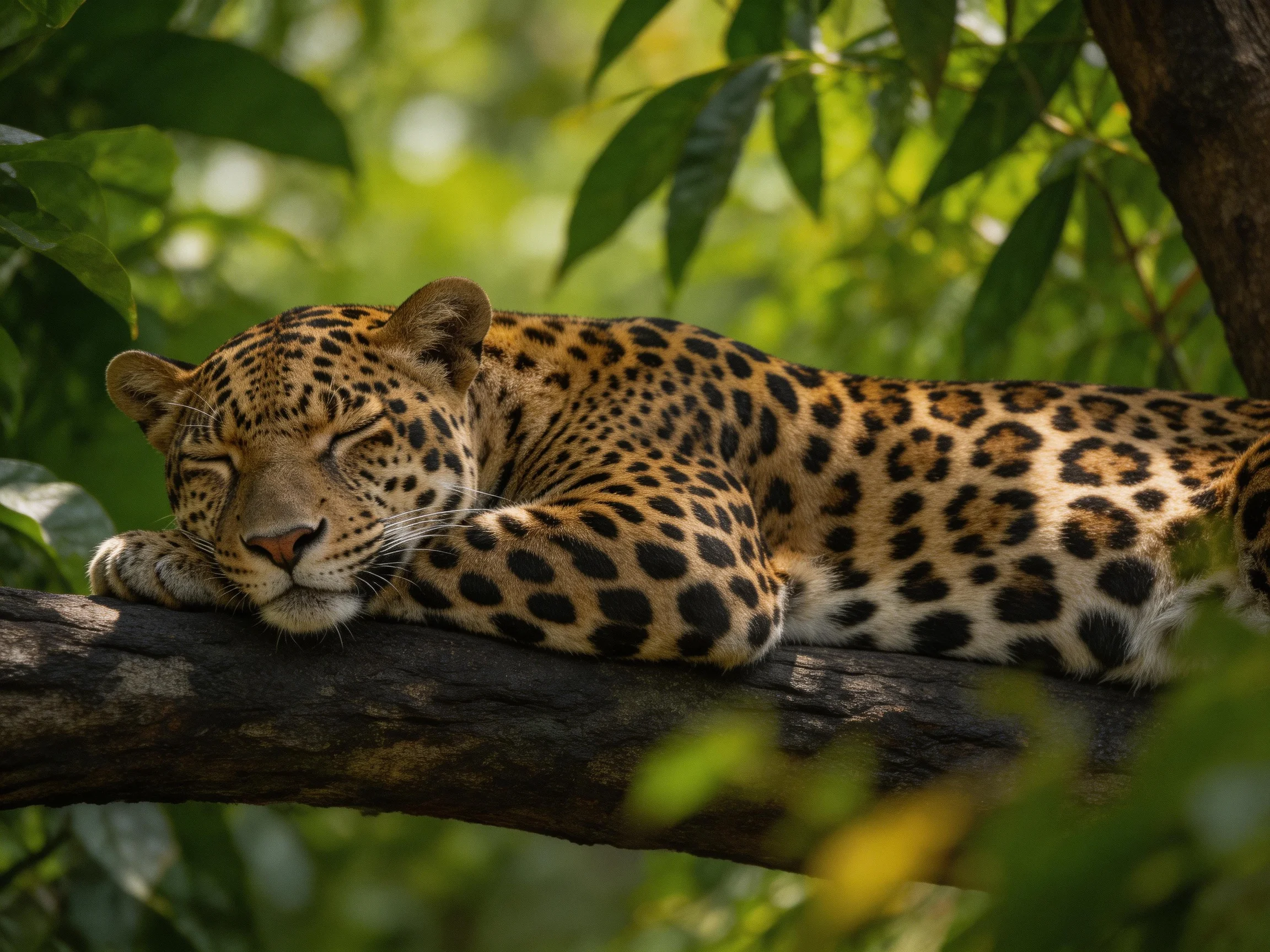 A leopard sleeps on a tree branch surrounded by dense green vegetation.