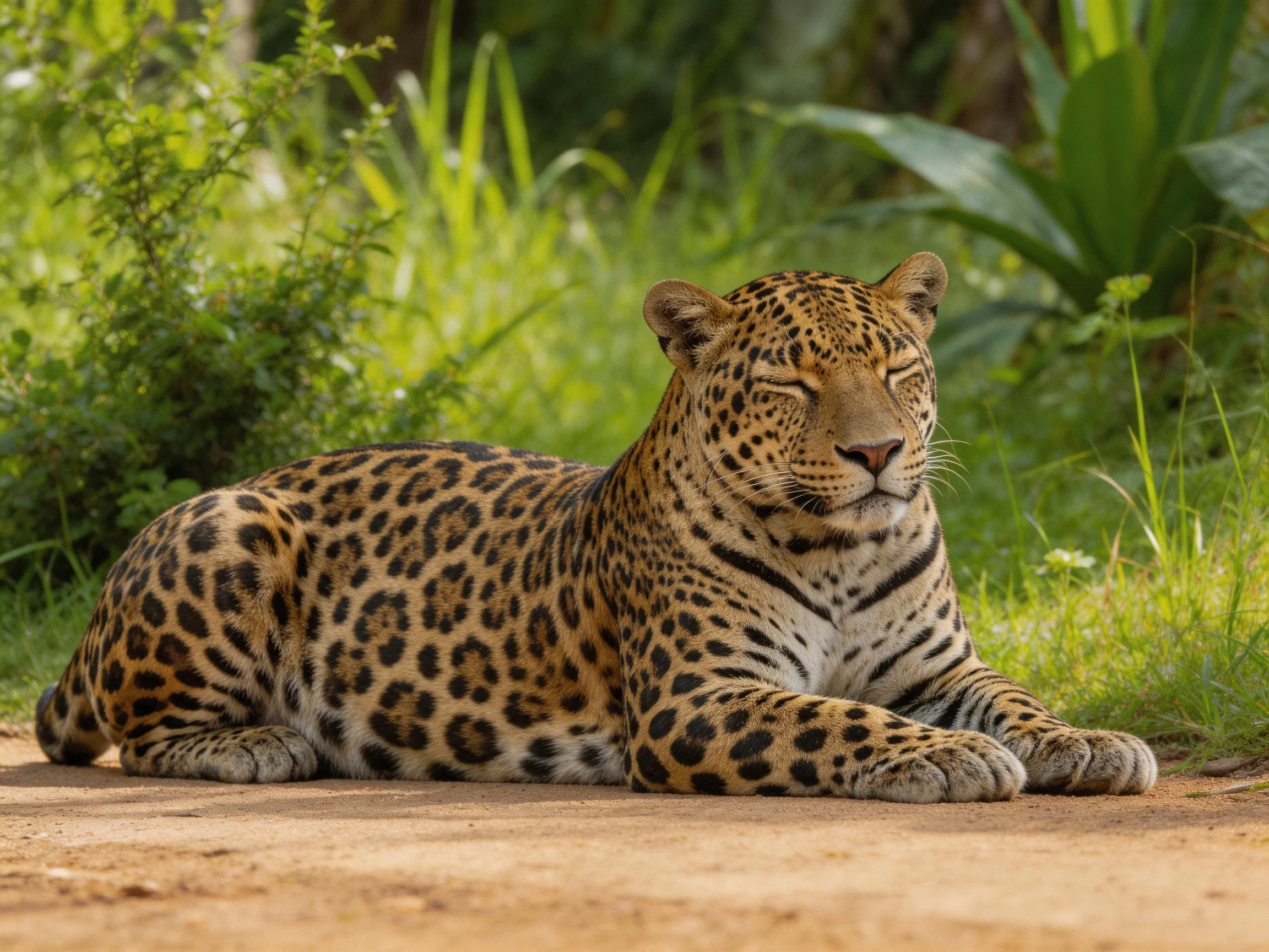 A leopard lies calmly on a dirt path amidst abundant green vegetation